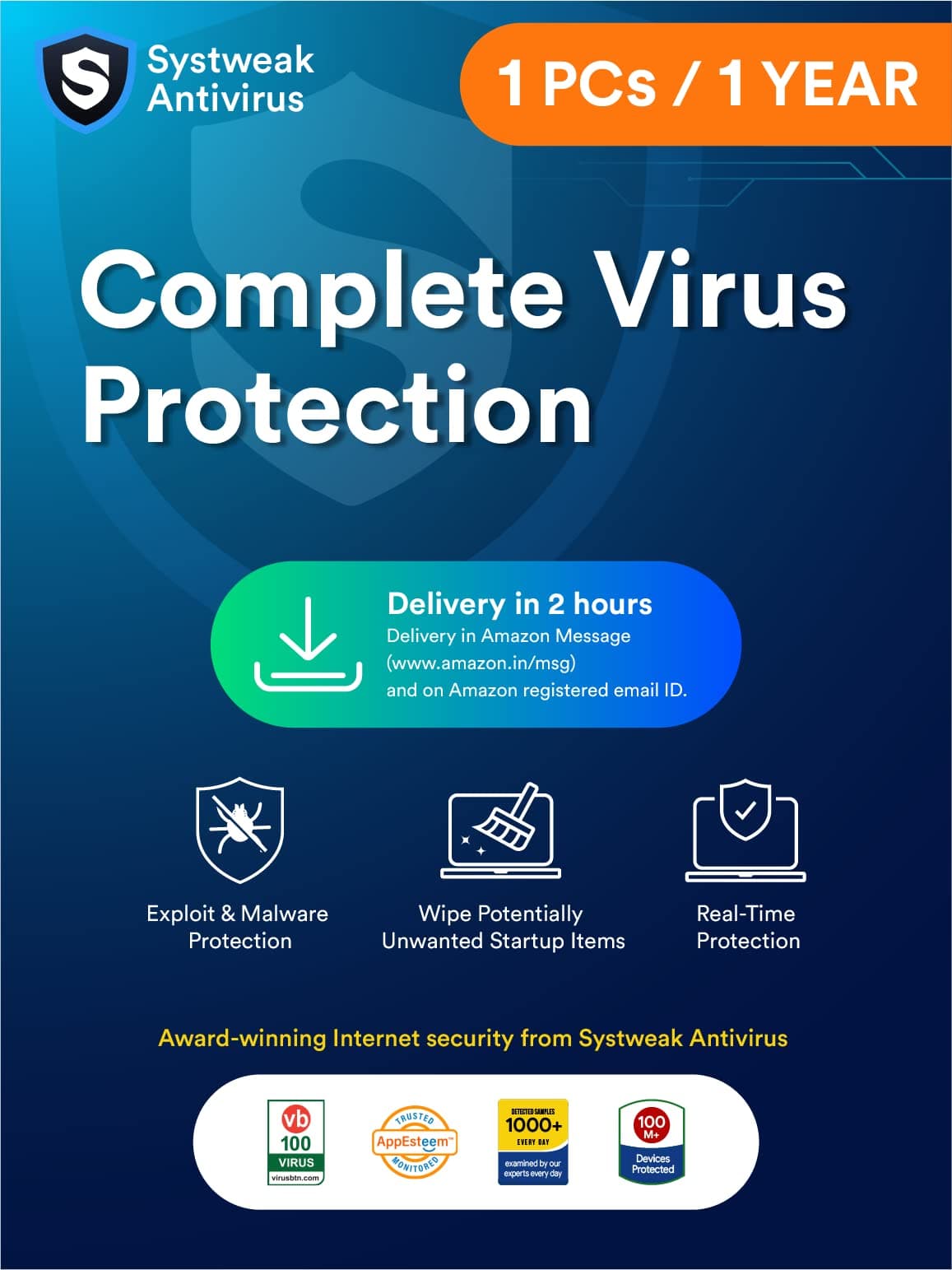 Systweak Antivirus - Software for Windows - 1 PC, 1 Year | Real-Time Protection | Exploit & Malware Protection | USB Protection | Firewall & Internet Security (Email delivery only 2-Hrs- No CD)