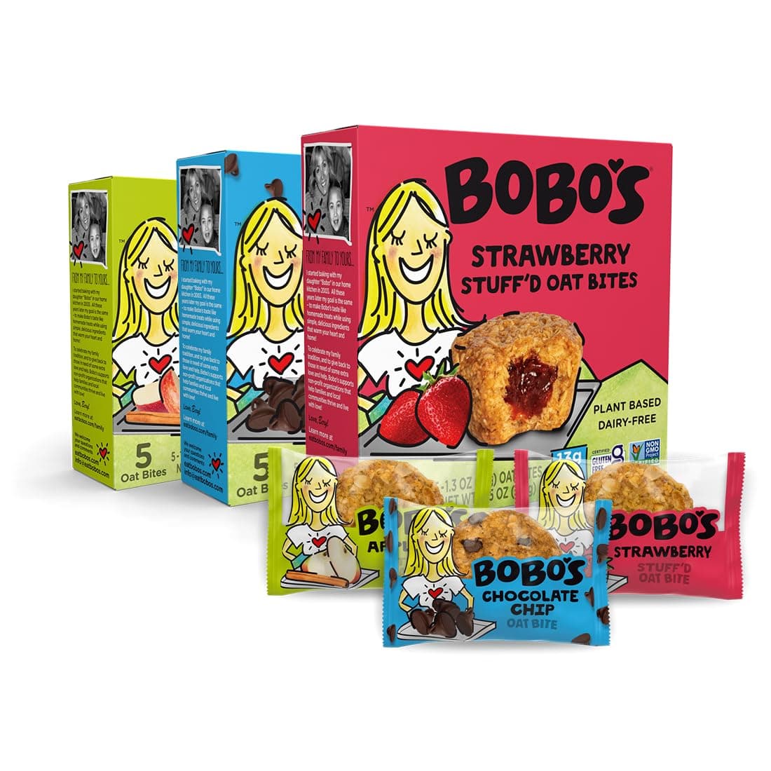 Bobo's Oat Bites Stuff'd Variety Pack (Strawberry, Original Chocolate Chip, and Apple Pie), Pack of 30 (1.3 oz Bites), Gluten Free Whole Grain Rolled Oats