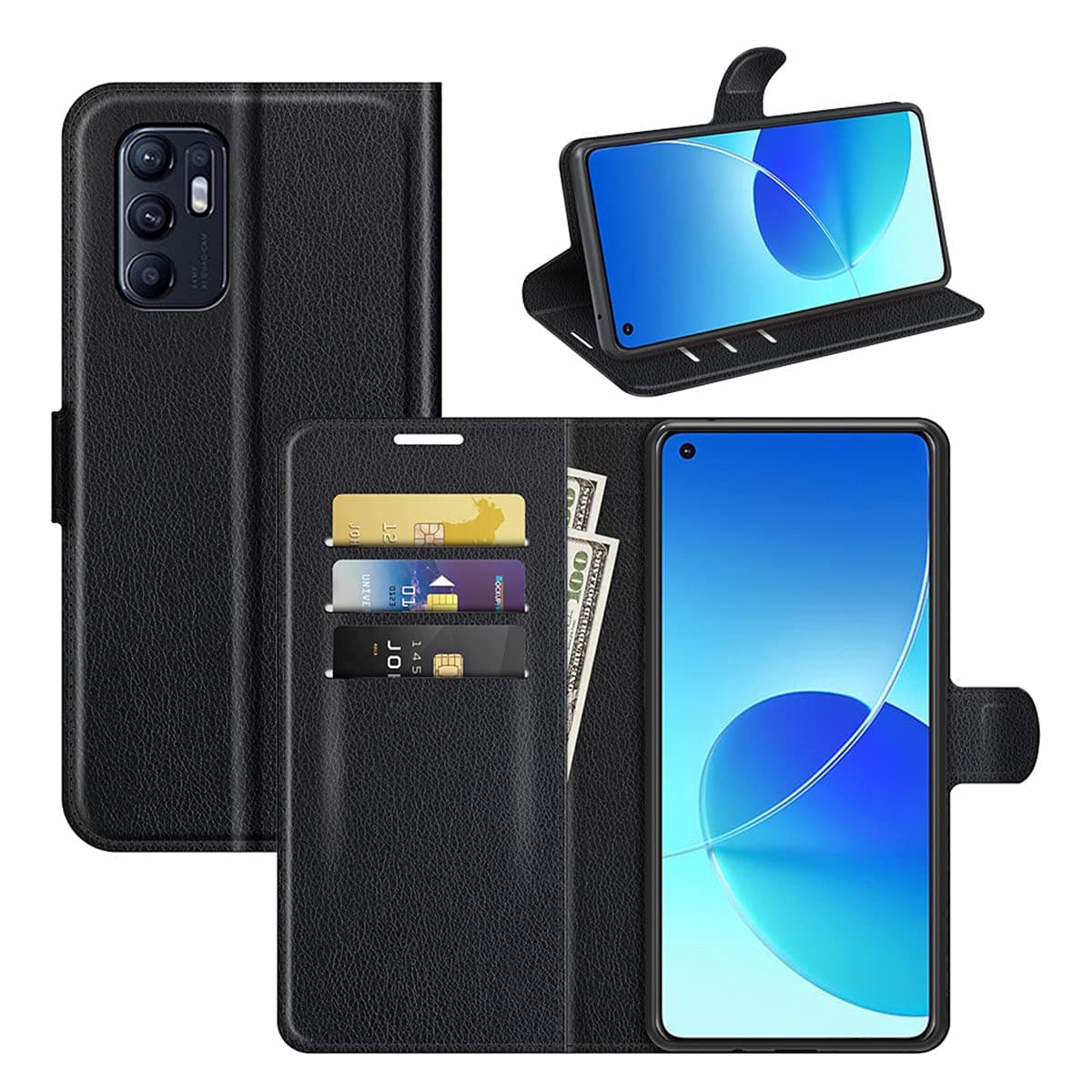 Oppo Reno6 Case, Gift_Source Ultra Slim PU Leather Wallet Phone Case Flip Folio Kickstand Credit Card Holder Magnetic Cover Shockproof Shell for Oppo Reno 6 4G (6.4") [Black]