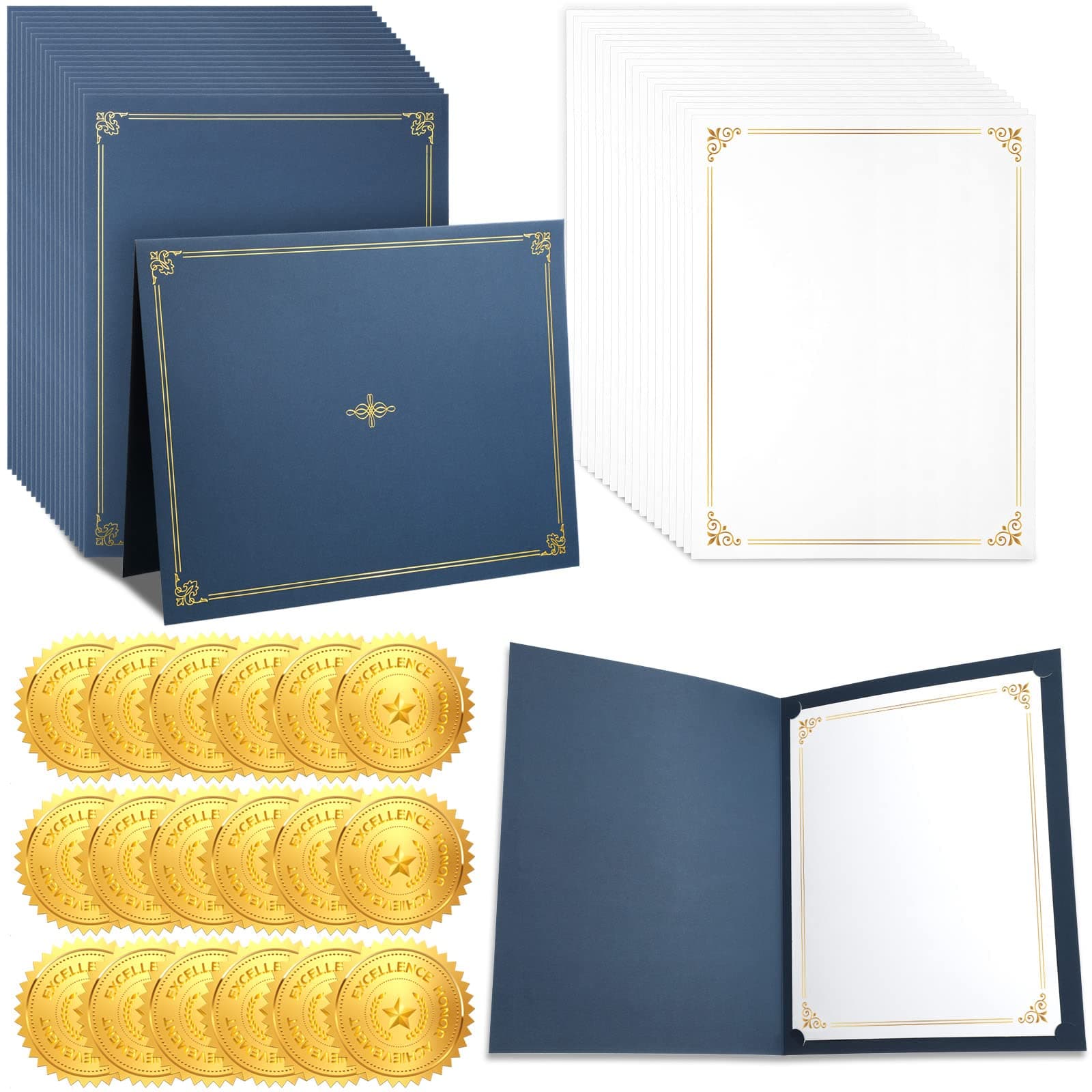108 Pcs Certificate Kit Award Certificate Collection Include 36 Certificate Holder 36 Certificate Paper 36 Gold Foil Award Seal for Graduation Diploma Accomplishment Document Supplies (Navy Blue)