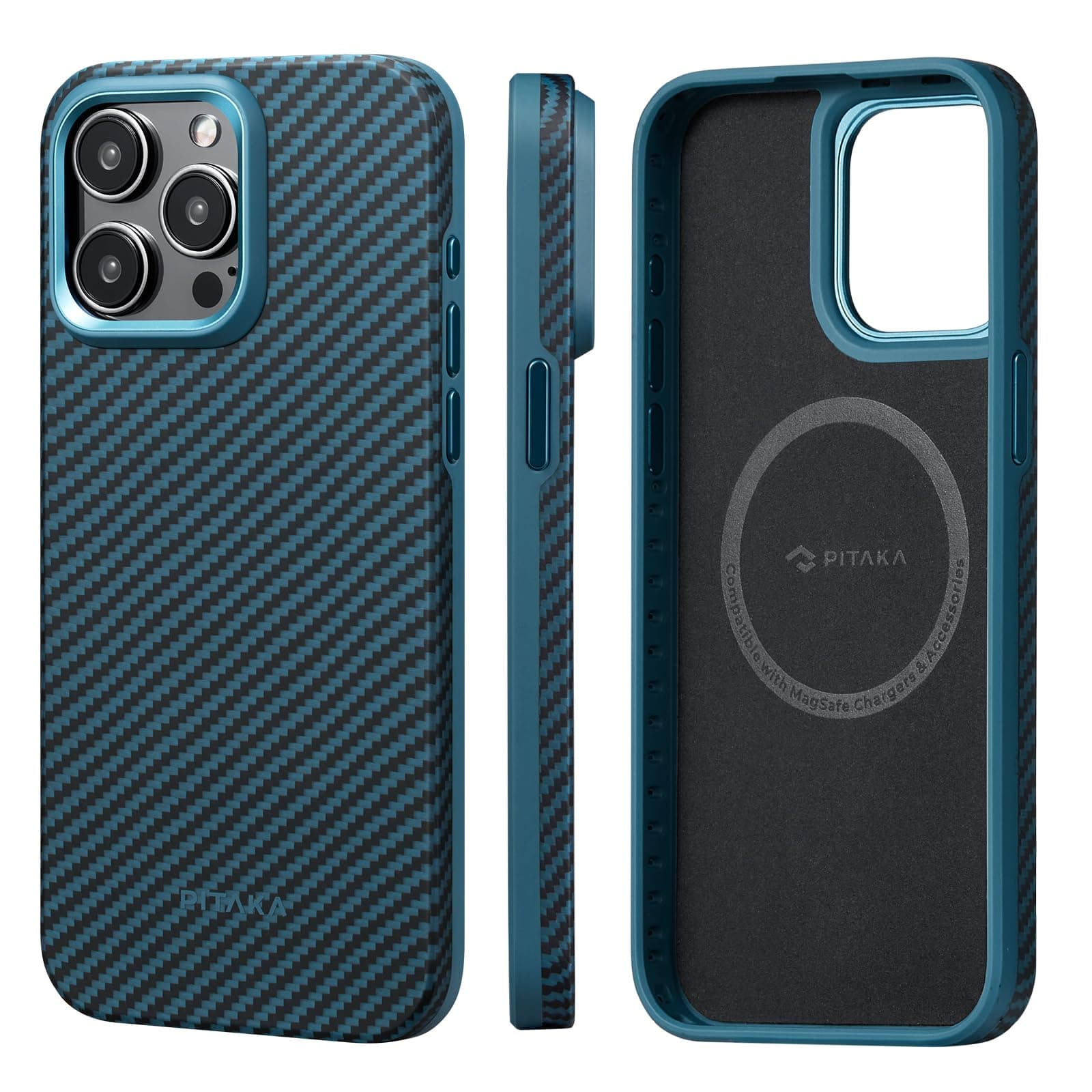 pitaka Protective Case for iPhone 15 Pro Max, 6.7 Inch, Military Grade Shockproof iPhone 15 Pro Max Phone Case, [MagEZ Case Pro 4] 1500D Aramid Fiber, Black/Blue (Twill)