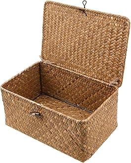 Esoes Wicker Storage Basket Woven Rattan Storage Box With Lids Seagrass Laundry Baskets Makeup Organizer For Bathroom, Living Room, Kitchen (XL)