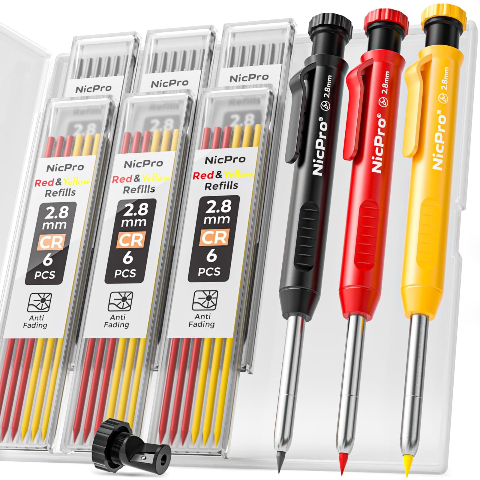 Nicpro 3 Pack Carpenter Pencil with Sharpener, Mechanical Carpenter Pencils with 39 Refills, Deep Hole Marker Construction Carpentry Pencils, Architect Pencil for Woodworking (Red, Black, Yellow)