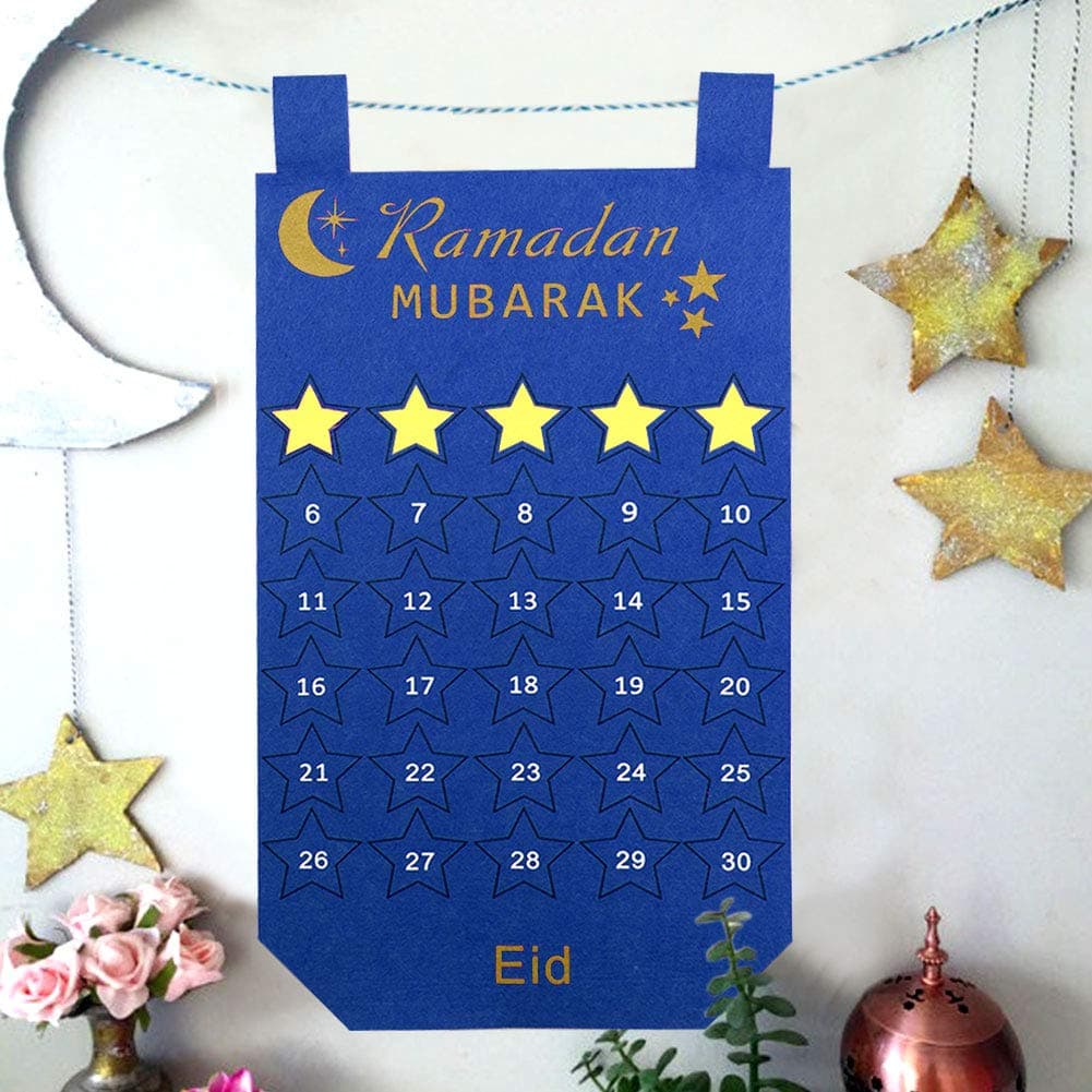 Aparty4u Felt Ramadan Calendars 2019, 30 Day Countdown to Eid Calendar with Stars Design for Kids Ramadan Gifts Hanging Decorations, Blue