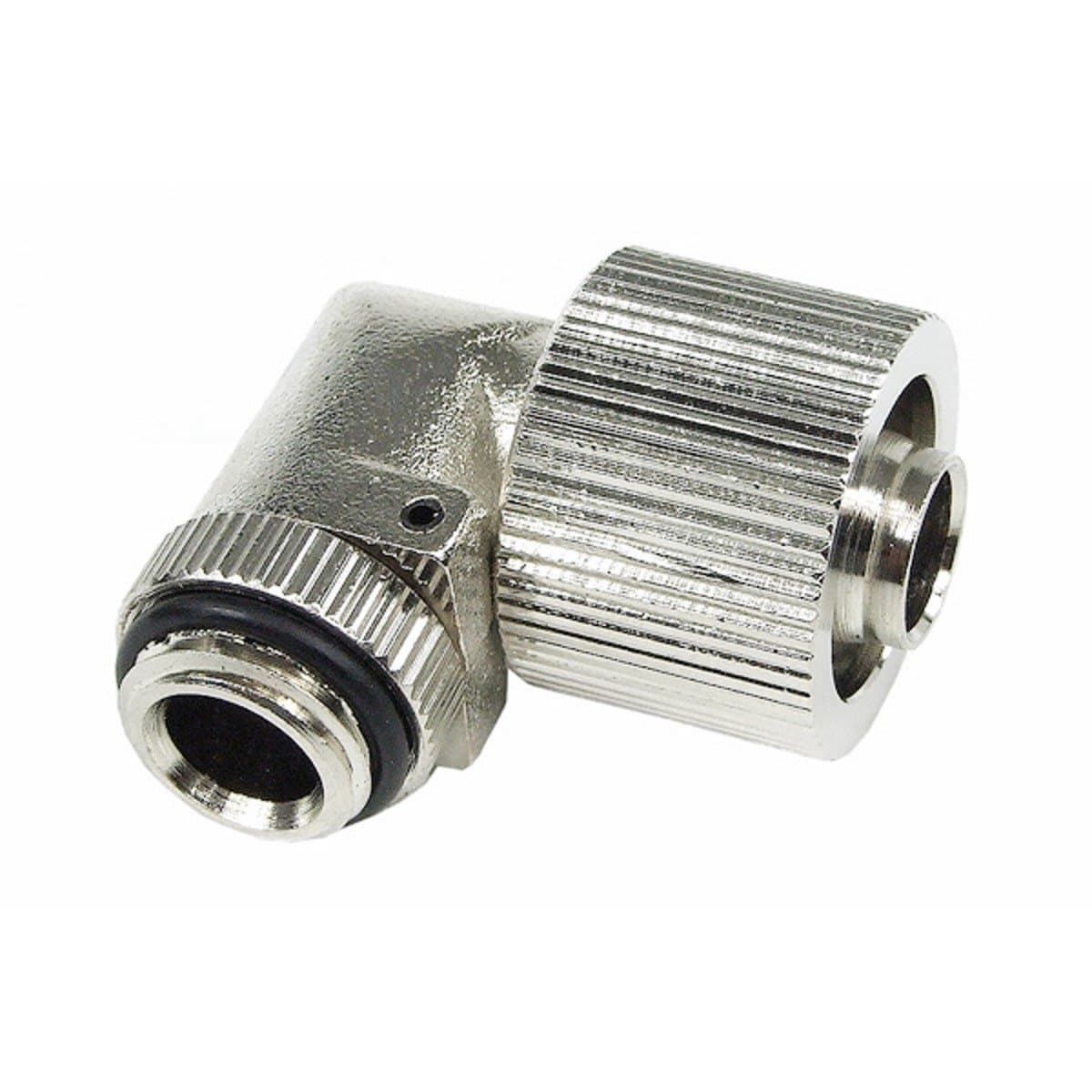 Aquatuning G1/4" to 10mm ID, 16mm OD Compact Compression Fitting for Soft Tubing, 90° Rotary, Silver Nickel