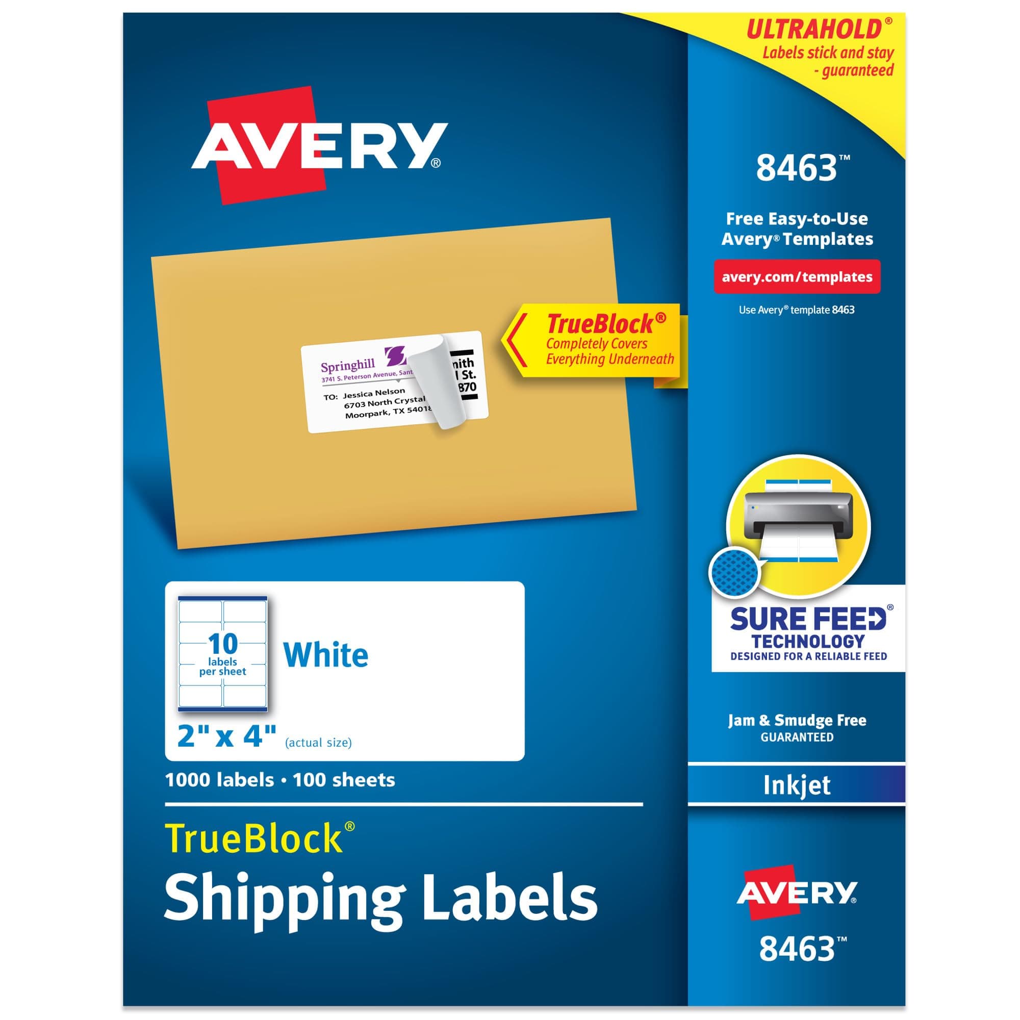 Avery Printable Shipping Labels with Sure Feed, 2" x 4" Customizable Stickers, White, 1,000 Blank Mailing Labels, Great for Mailing, Shipping, and More (8463)