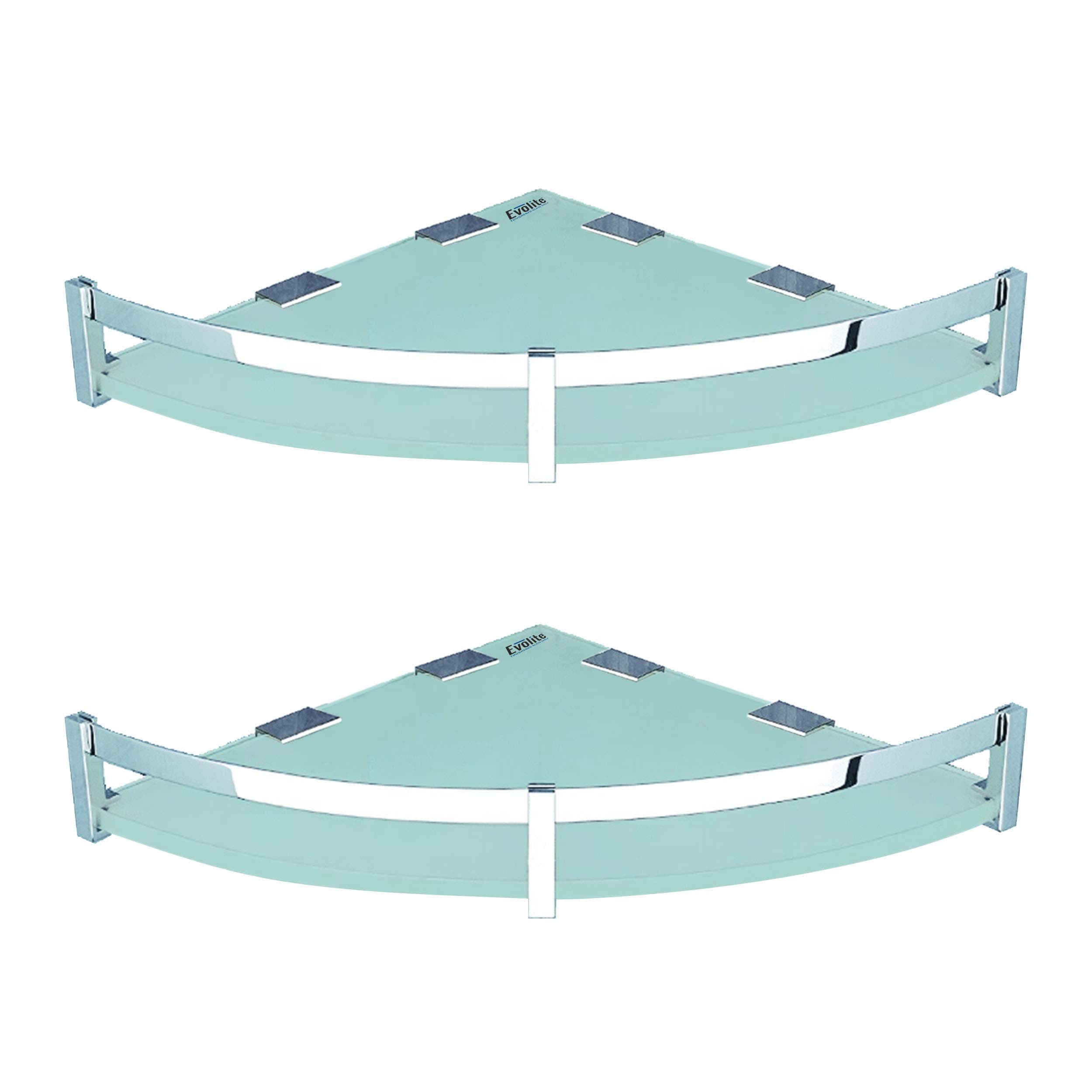 Evolite® Premium Tempered Glass Corner Diamond Corner and Rectangle Shelf for Bedroom | Kitchen Shelves Racks & Wall Mount Heavy Duty All 100% Pure Brass Accessories (ETGS-P12x12 inch Pack of 2)