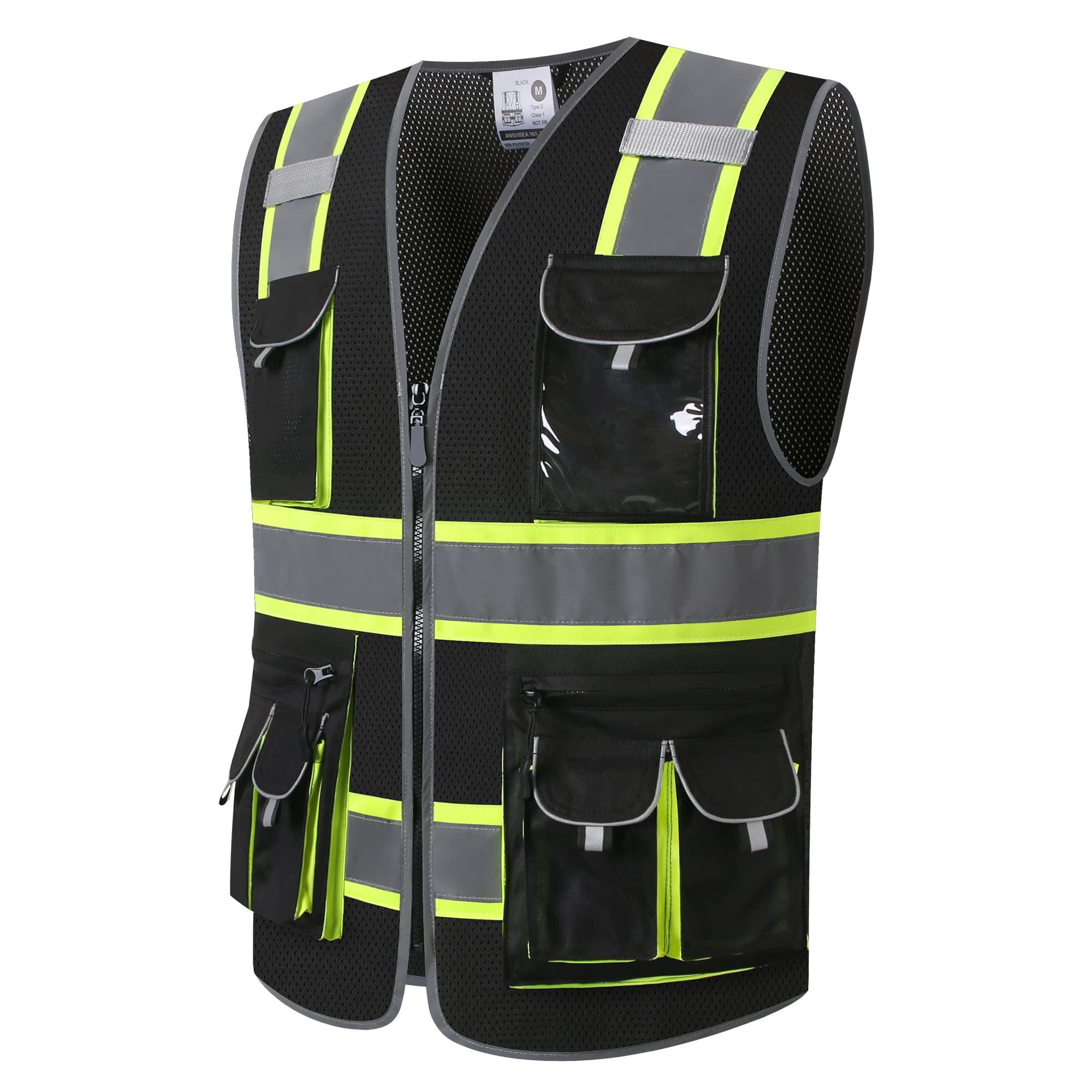 Safety Vest with Multi-Function Pockets and Zipper Hi-Vis Reflective Vest for Men Meets ANSI/ISEA Class 2 Standard