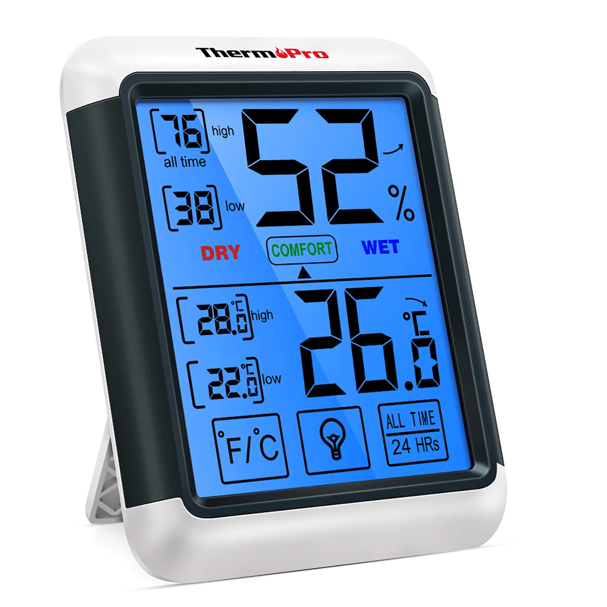 TP55 Digital Room Thermometer Temperature and Humidity Monitor with All Time or 24hrs Max and Min Records for Temperature and Humidity Baby Room Thermometer with Large Backlight Touchscreen