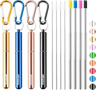 4 Pack Portable Reusable Metal Straw Collapsible Stainless Steel Drinking Straw Telescopic Straw to Drink Water Smoothie with Aluminum Key-chain Case & Cleaning Brush （Black & rose gold & blue & gold）