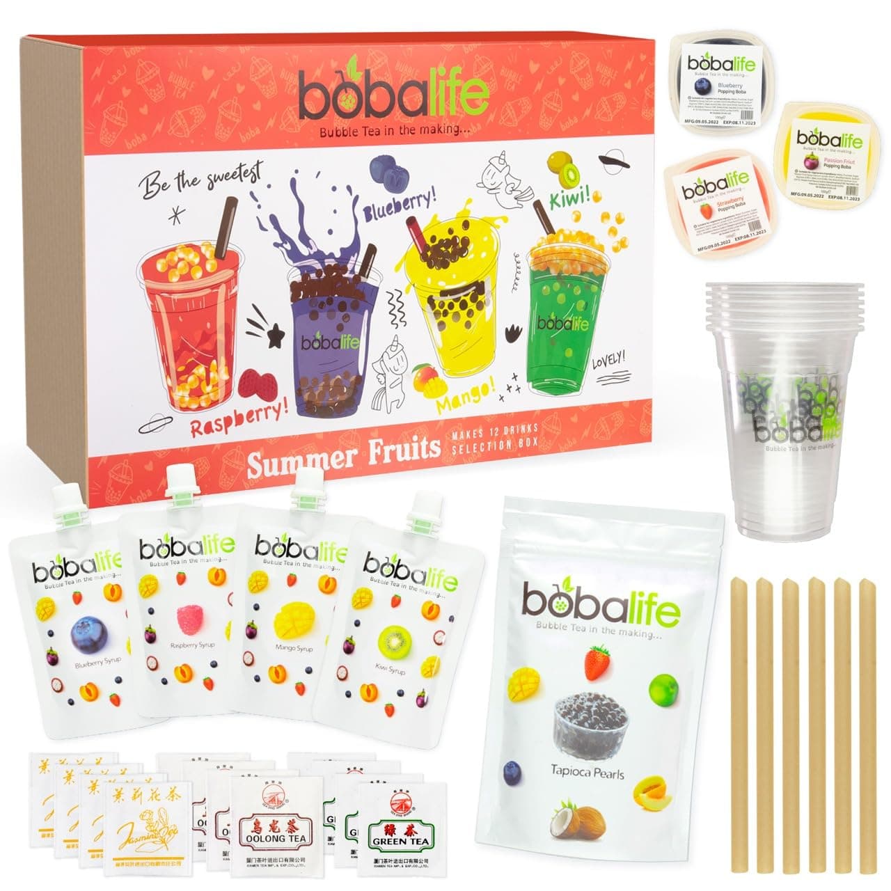 Bobalife Summerfruit Bubble Tea Kit - Make Your Own Boba Tea At Home | 12 Drinks | Popping Boba & Tapioca Pearls | Vegan Gluten Gift Set