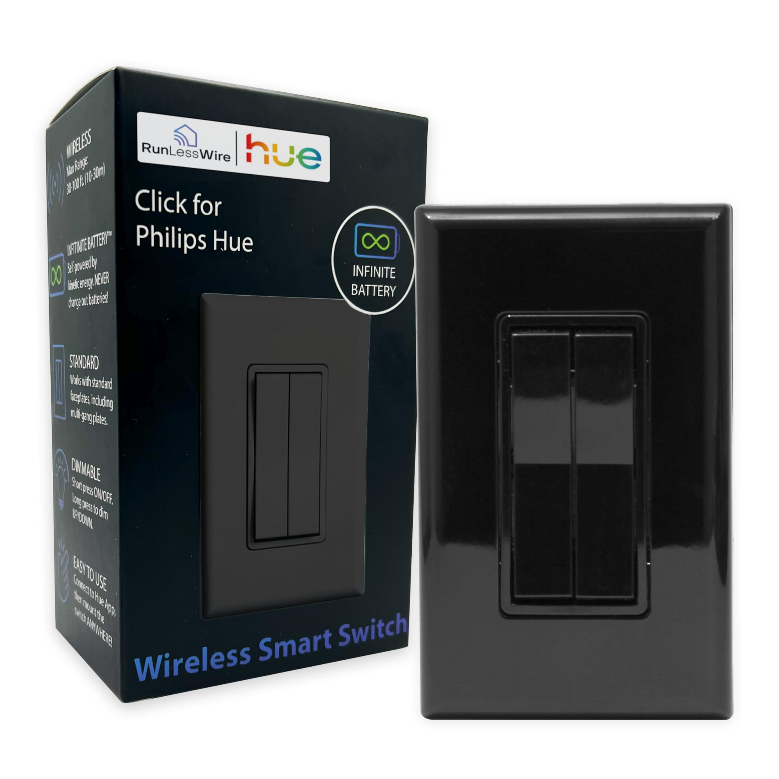 RunLessWire Click for Philips Hue – Battery-Free Wireless Smart Light Switch, 30ft Range – Works Natively with Philips Hue Bridge – Wall Mount Kinetic Switch - Decora Style, Black