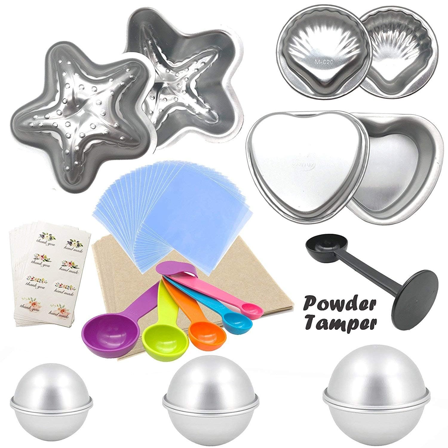 Bath Bomb DIY Kit,12PC Multi-Shape Aluminum Molds(6 Hemispheres,2 Starfish,2 Heart,2 Shells),1x Powder Tamper,1 Set of Measuring Spoon,50x Wrapping Paper,50 Shrink Wrap Bag Crafting Starter Metal Set