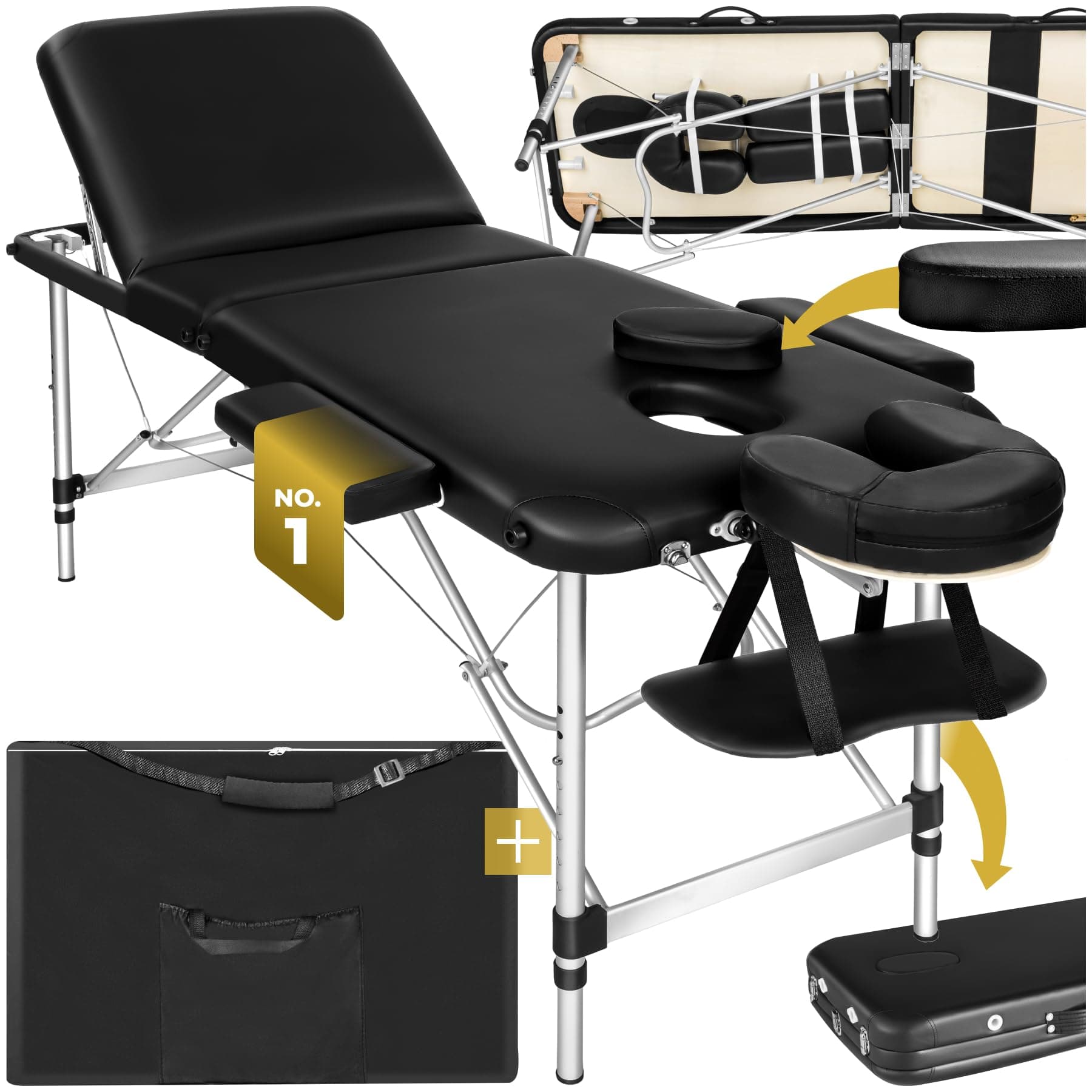 – tectake® Lightweight Portable Massage Table, Comfortable 3-Section Padded Folding Spa Bed with Aluminium Frame, Adjustable Massage Bed, Including Accessories - Headrest, Armrests & Storage Bag - Black