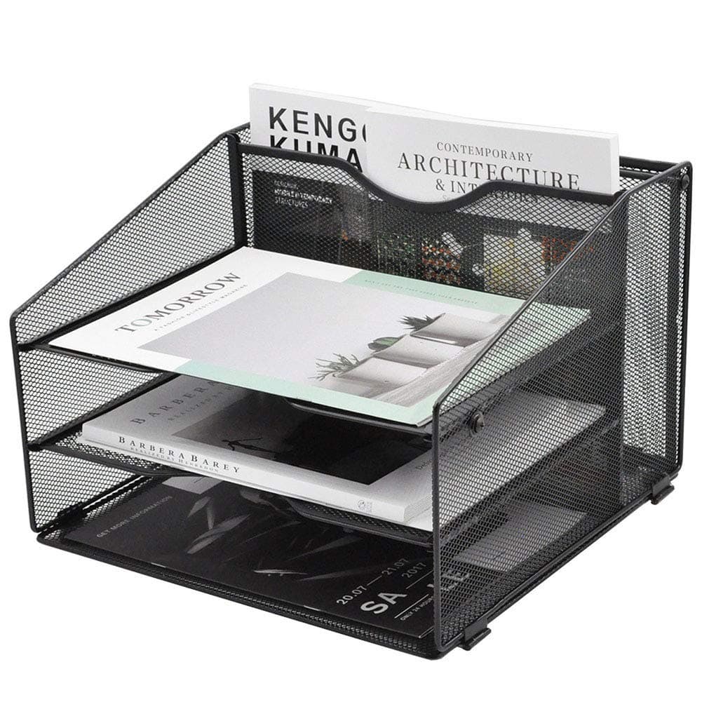 Mesh Desktop File Organizer, Document Mail Desk Folder Holder with 3 Paper Letter Tray and 1 Vertical Upright Compartment for Office Supplies, Desk Accessories & Workspace, Black