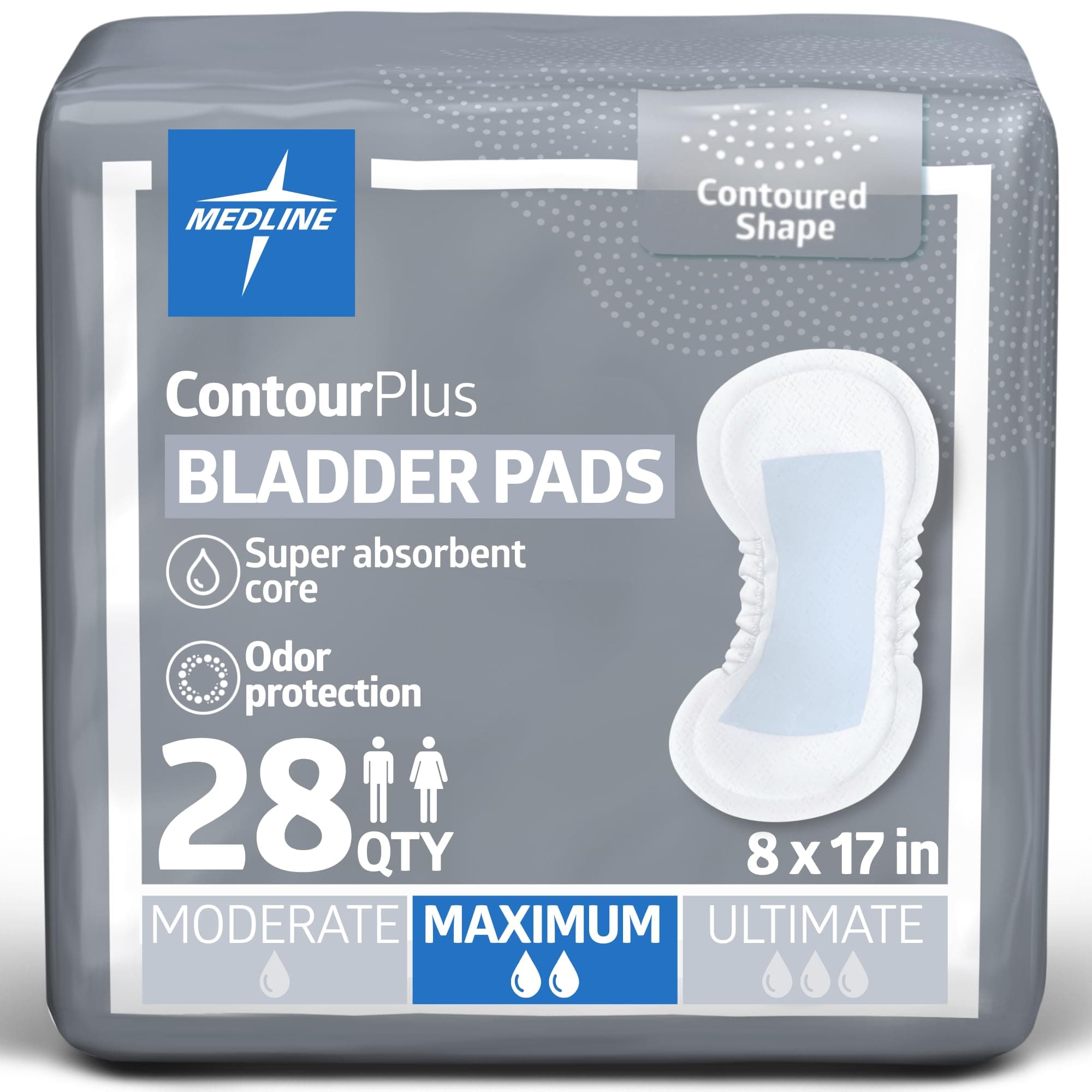 Medline ContourPlus Bladder Control Pads, Maximum Absorbency, 6.5 x 13.5 Inches, Bag of 28