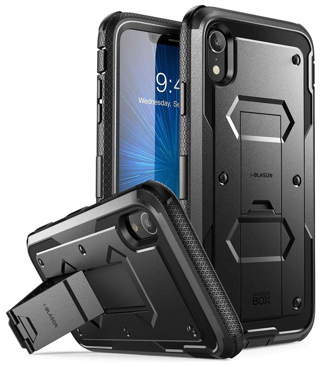 i-Blason Armorbox Series Case Designed for iPhone XR 2018 Release, [Built in Screen Protector] Full Body Heavy Duty Protection Kickstand Shock Reduction Case, Black, 6.1"