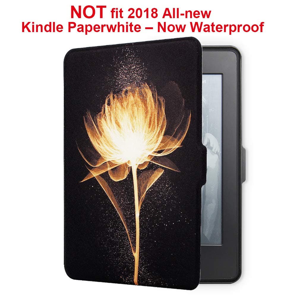 Young me martShell Case for Kindle Paperwhite with Hand Strap - The Thinnest and Lightest Leather Cover Auto Sleep/Wake for Kindle Paperwhite (not fit 2018 All-New Kindle Paperwhite) Golden Flower