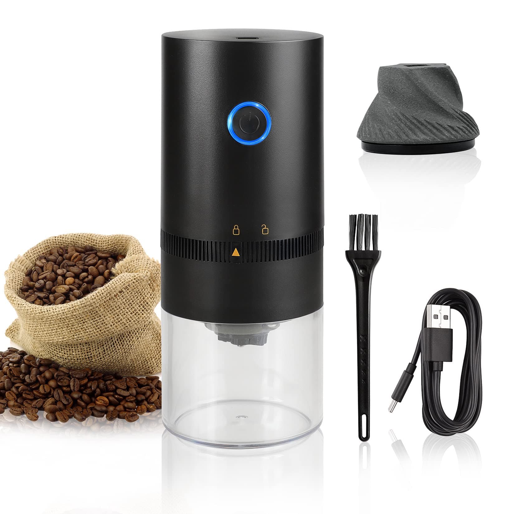 Portable Electric Burr Coffee Grinder, 4 Cups Small Automatic Conical Burr Grinder Coffee Bean Grinder with Multi Grind Setting for Espresso Drip Pour Over French Press, USB Rechargeable, Black