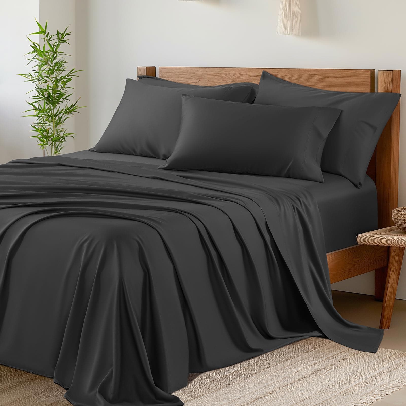 Shilucheng 6 Piece King Sheet Sets, Cooling Sheets, Blend Rayon Derived from Bamboo, Deep Pocket Up to 16", Breathable & Soft Bed Sheets, Hotel Silky Bedding Set, Black