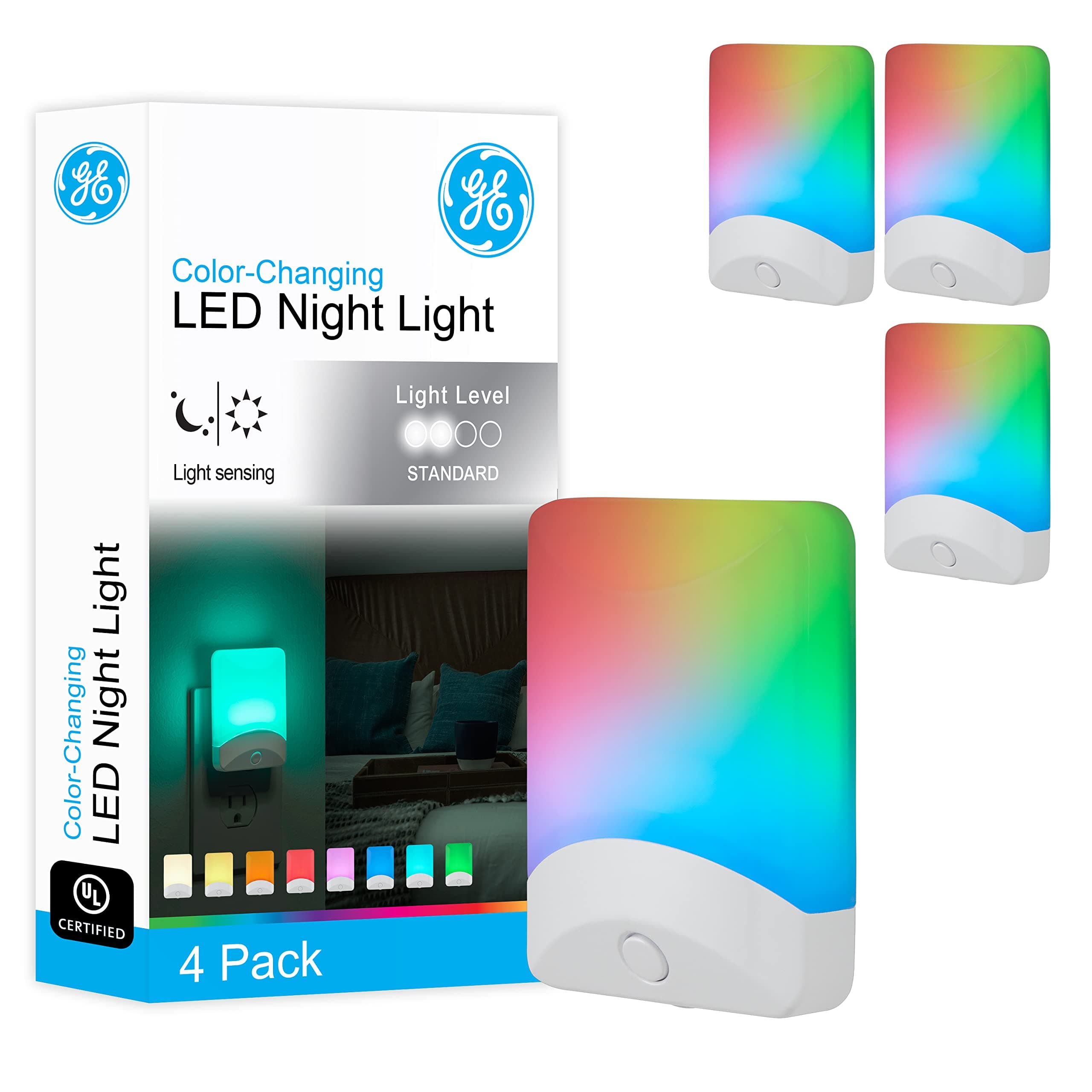 Color-Changing LED Night Light, Plug Into Wall, Dusk to Dawn Sensor, 8 Vibrant Colors, Ambient Lighting, Kids Adults Bedroom, Bathroom, Nursery, Kitchen, Hallway, 4 Pack, 50860