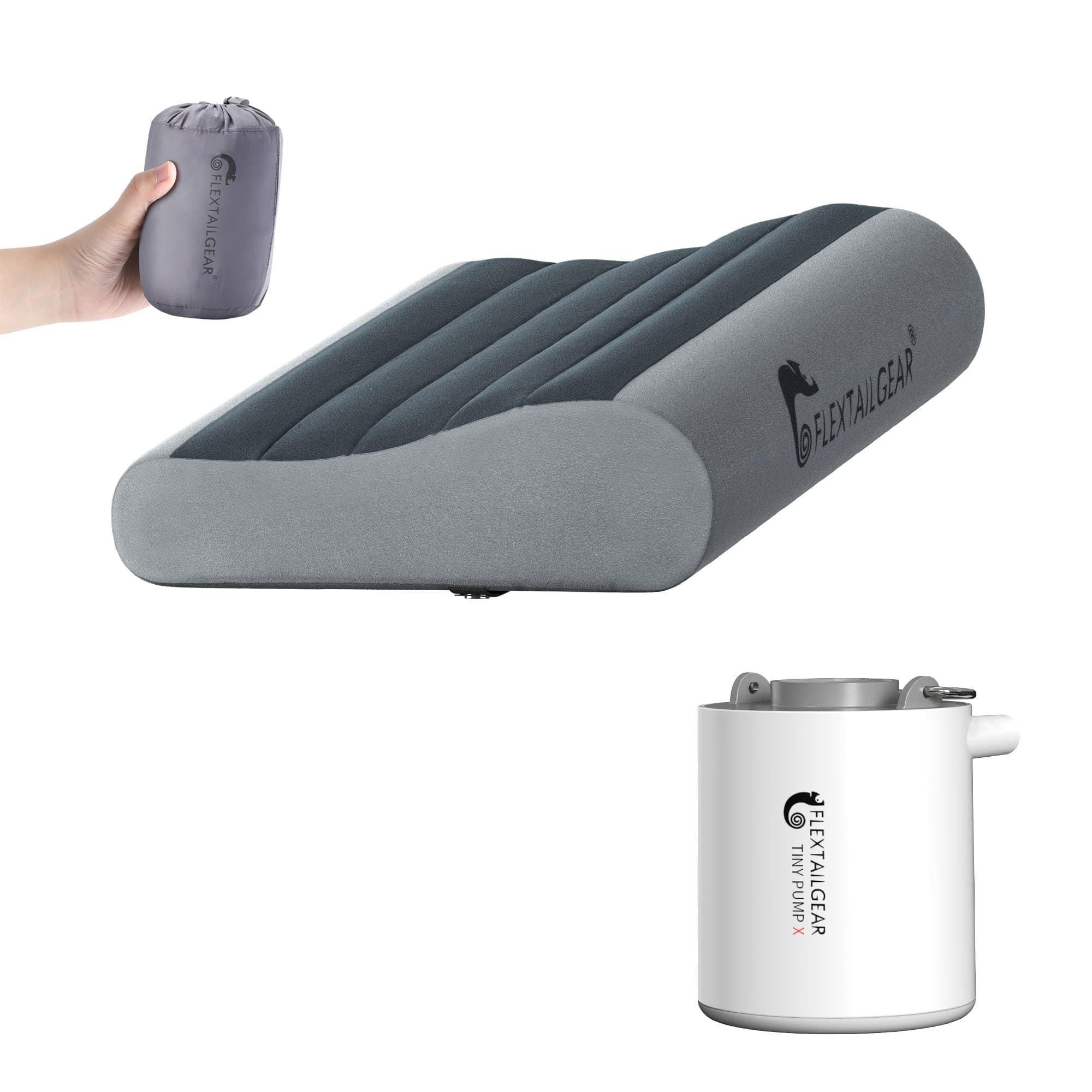 FLEXTAILGEARTiny Air Pump X Grey Bundle with Neck Contour Inflatable Camping Pillow Grey