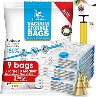 Spedalon Vacuum Storage Bags - Pack of 9 (3 Large + 3 Medium + 3 Small) ReUsable with free Hand Pump for travel packing | Best Sealer Bags for Clothes, Duvets, Bedding, Pillows, Blankets, Curtains