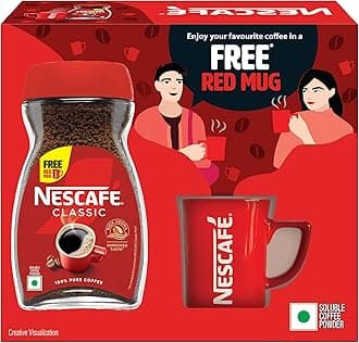 NESCAFE Classic Instant Coffee Powder | Great start to your morning | 100% Pure Coffee | Free Red Mug | 180g Jar (Weight may vary upwards)