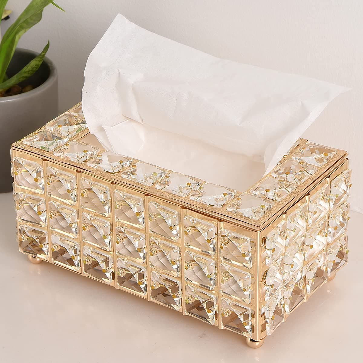 HomarketHomarket Rectangular Crystal Tissue Box Cover, Decorative Paper Box, Napkin Holder, Facial Tissue Holder, Used in Kitchen Dining Room, Bathroom, Desk (Gold)
