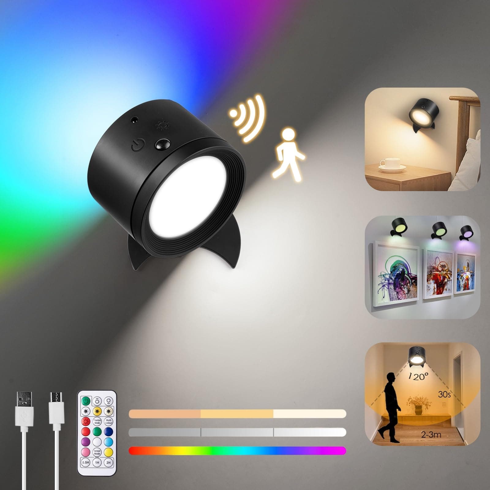 YOLIN Battery Operated Rechargeable Motion Sensor Wall Light Indoor, Remote and Touch Control Lamp, Wireless LED Magnetic Sconce, Dimmable 3 CT and 10 RGB Colors, Bedroom, Black