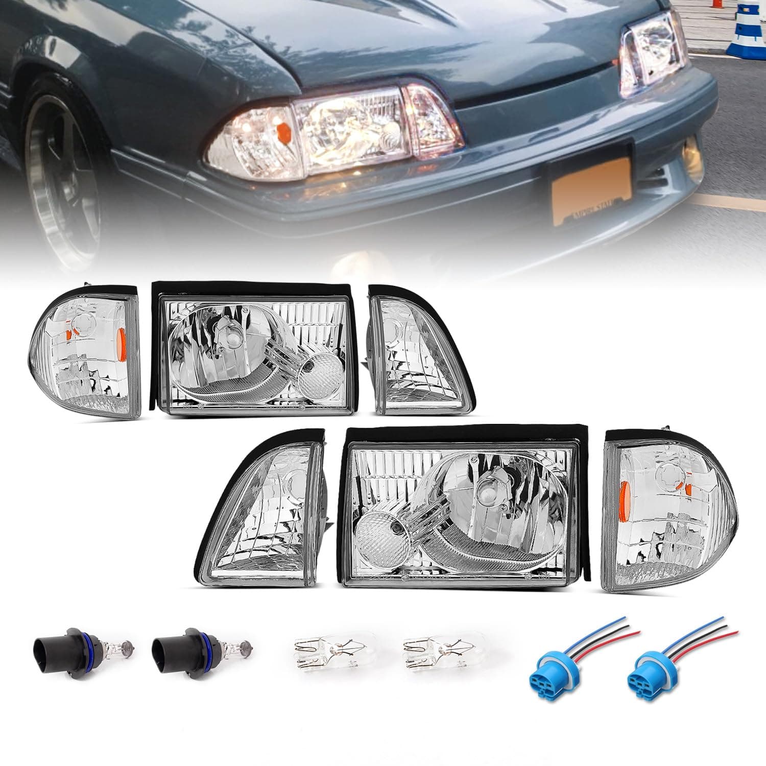 AmeriLite Chrome Replacement Headlights Corner Turn Signal Sets For 87-93 Ford Mustang - Passenger and Driver Side