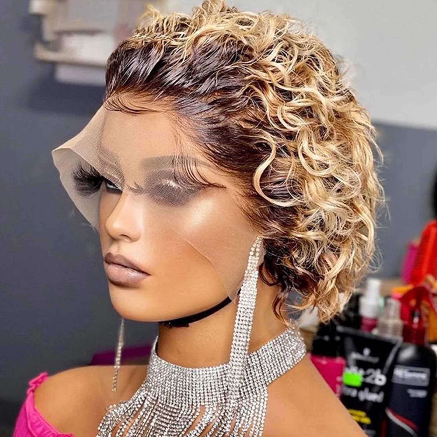 INSTASTYLE Ombre Blonde Pixie Cut Lace Front Wigs 6 inch Human Hair 13X1 Pixie Cut Short Curly Wigs HD Lace Front Wigs Plucked Pixie Curly Wigs for Black Women (6 Inch, 1B/27#)