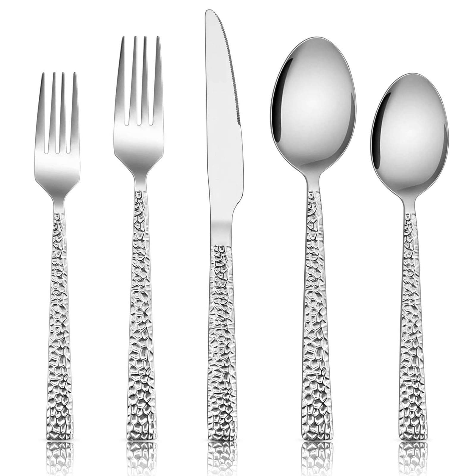 E-far Hammered Silverware Set, 40-Piece Stainless Steel Square Flatware Set for 8, Metal Tableware Cutlery Set Includes Dinner Knives/Forks/Spoons, Modern Design & Mirror Polished - Dishwasher Safe