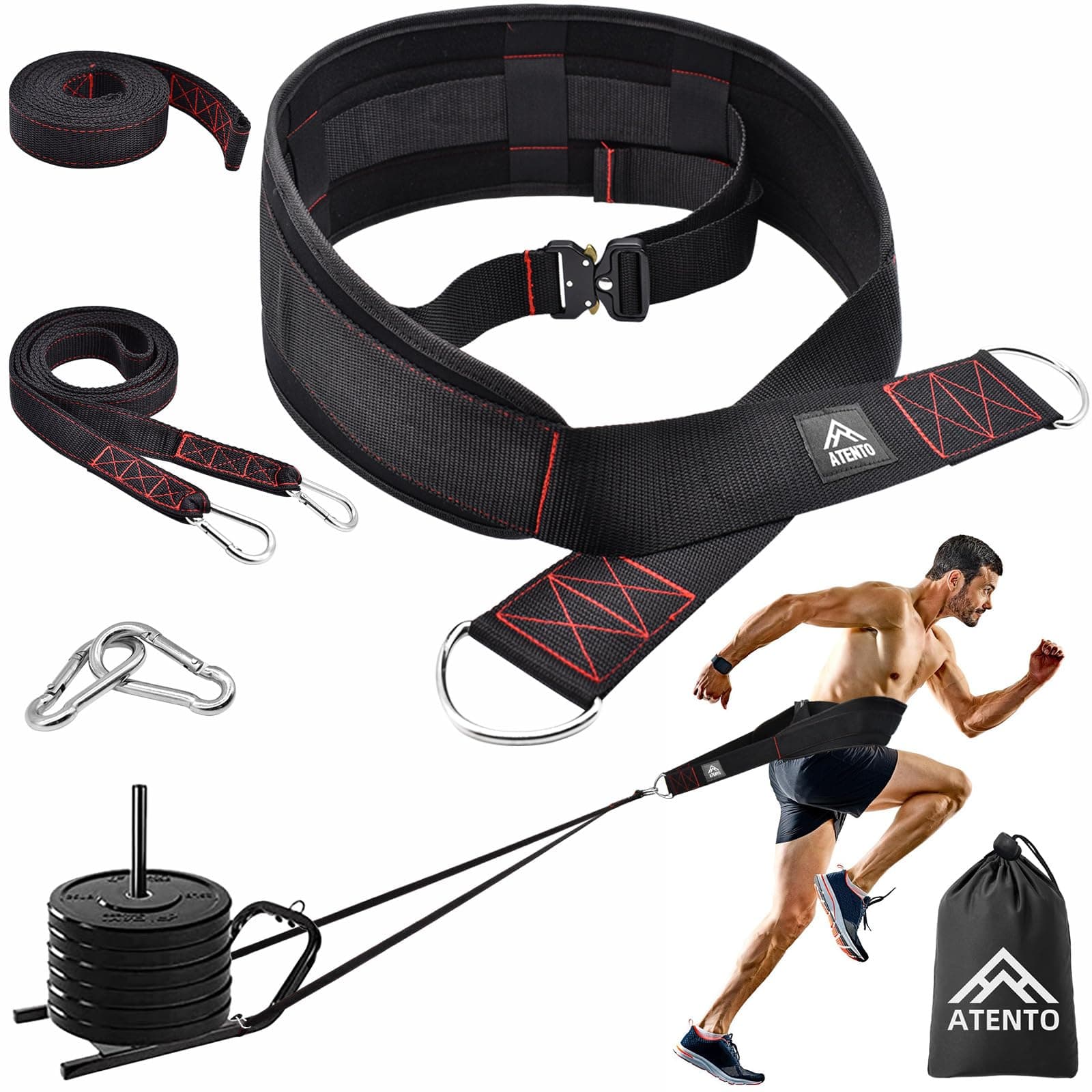 ATENTO Sled Pulling Belt, Adjustable Closure Sled Training Waist Belt,Weight Sled Pull Belt for Tire or Sled Pulling, Squat,Leg Muscles Strength Training, Agility, Resistance Training, Core Power Workout, Belt for Pulling with 2 Pulling Straps & 4 Hooks Included