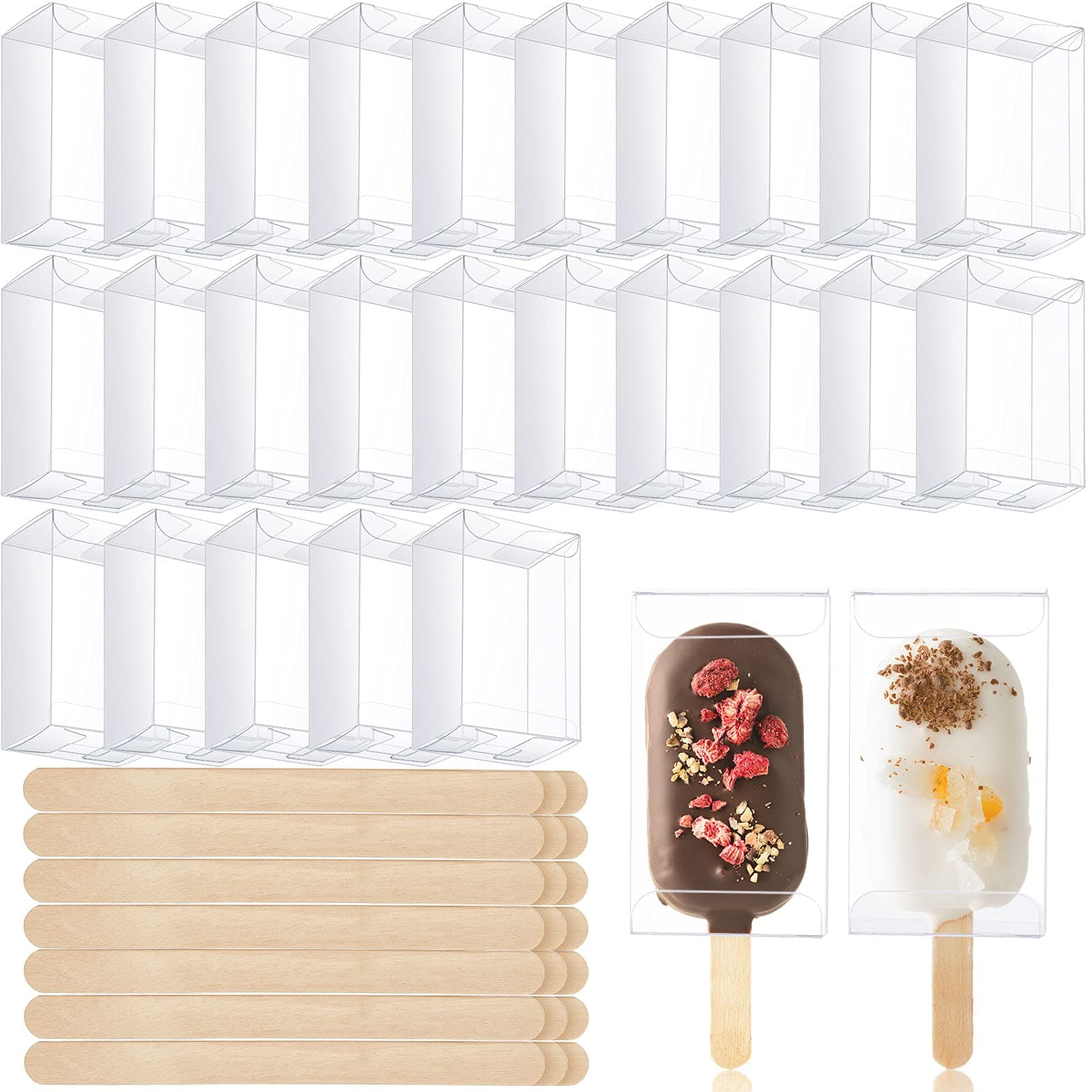 50 Pcs Ice Cream Cakesicle Boxes Set Include 25 Clear Pet Cake Boxes Plastic Candy Gift Bags and 25 Wooden Sticks Treat Boxes for DIY Baking Wedding Baby Shower Birthday Party