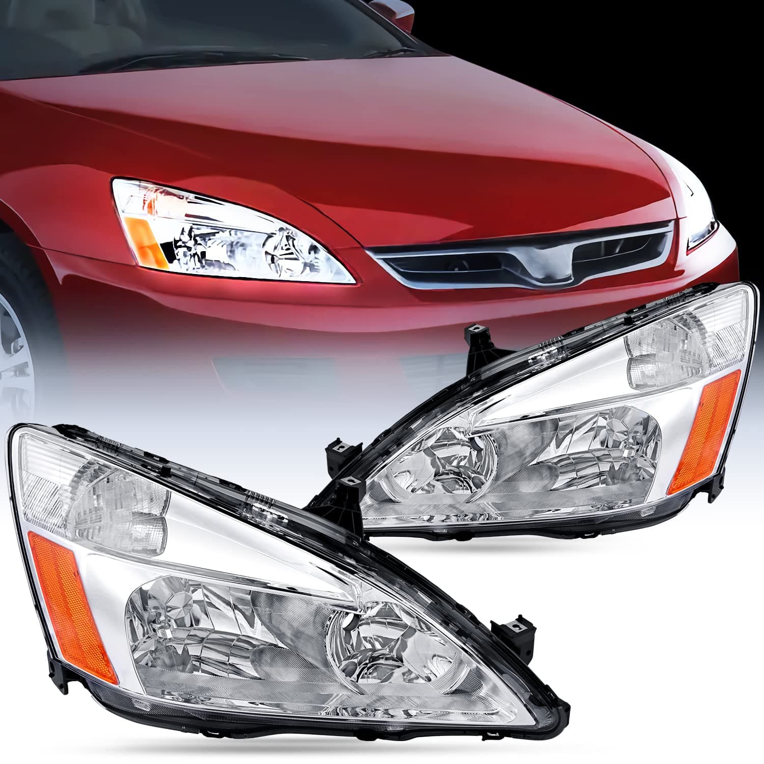 Nilight Headlight Assembly for 2003 2004 2005 2006 2007 Accord Replacement Headlamp Chrome Housing Amber Reflector, 2 Years Warranty