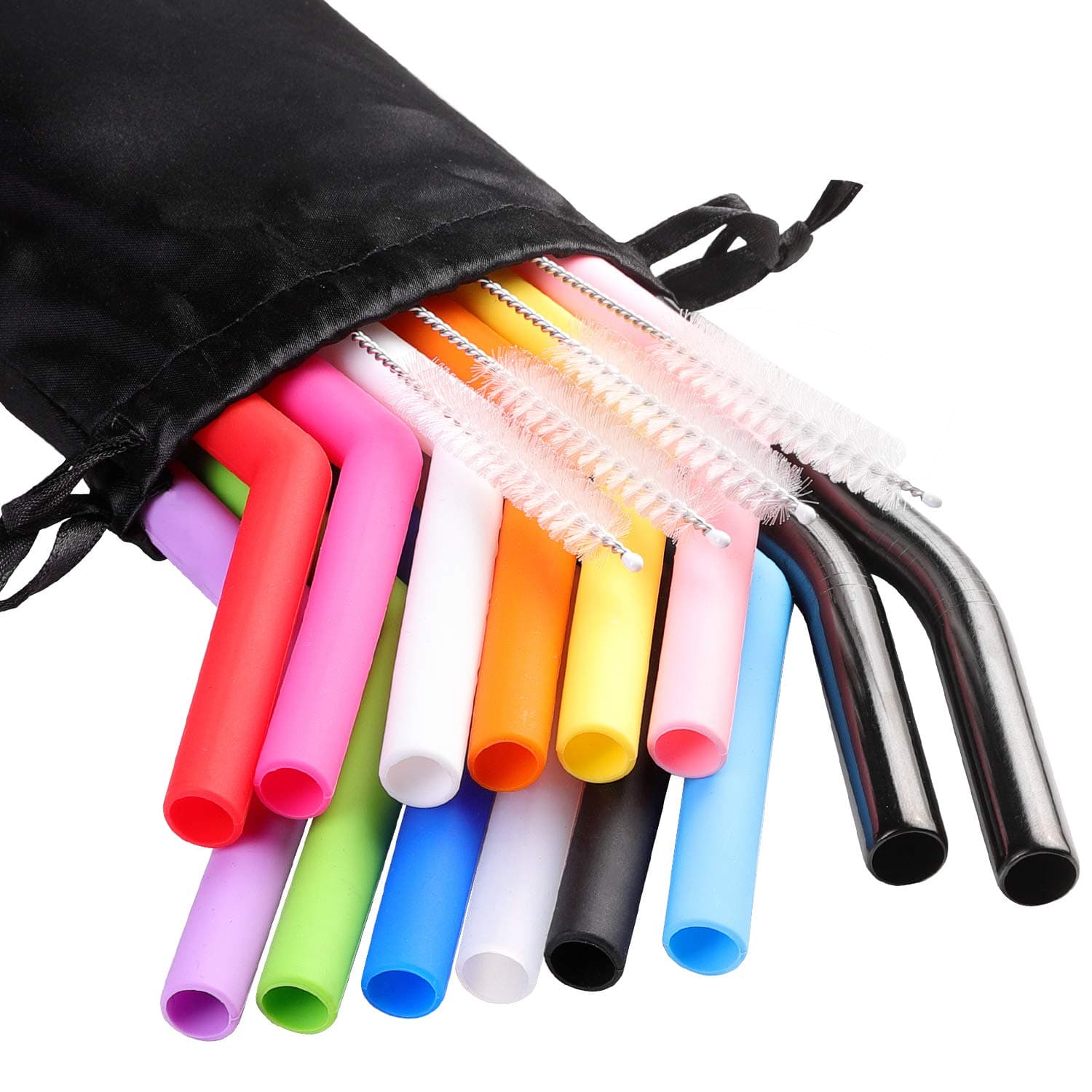 Silicone Drinking Straws Reusable Set for 30 oz Yeti/Rtic Ozark Tumbler -12 color Silicone Straws Flexible Extra Long +2 Black Stainless Steel Straws -BPA Free No Rubber Taste Eco Friendly (Big size)