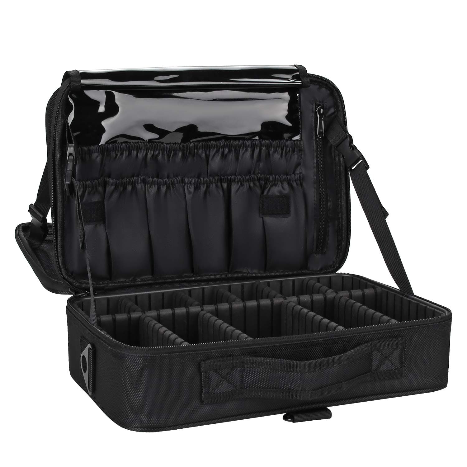 Makeup Bag Travel Makeup Train Case 13.8 inches Large Cosmetic Case Professional Portable Makeup Brush Holder Organizer and Storage with Adjustable Dividers and Shoulder Strap Black