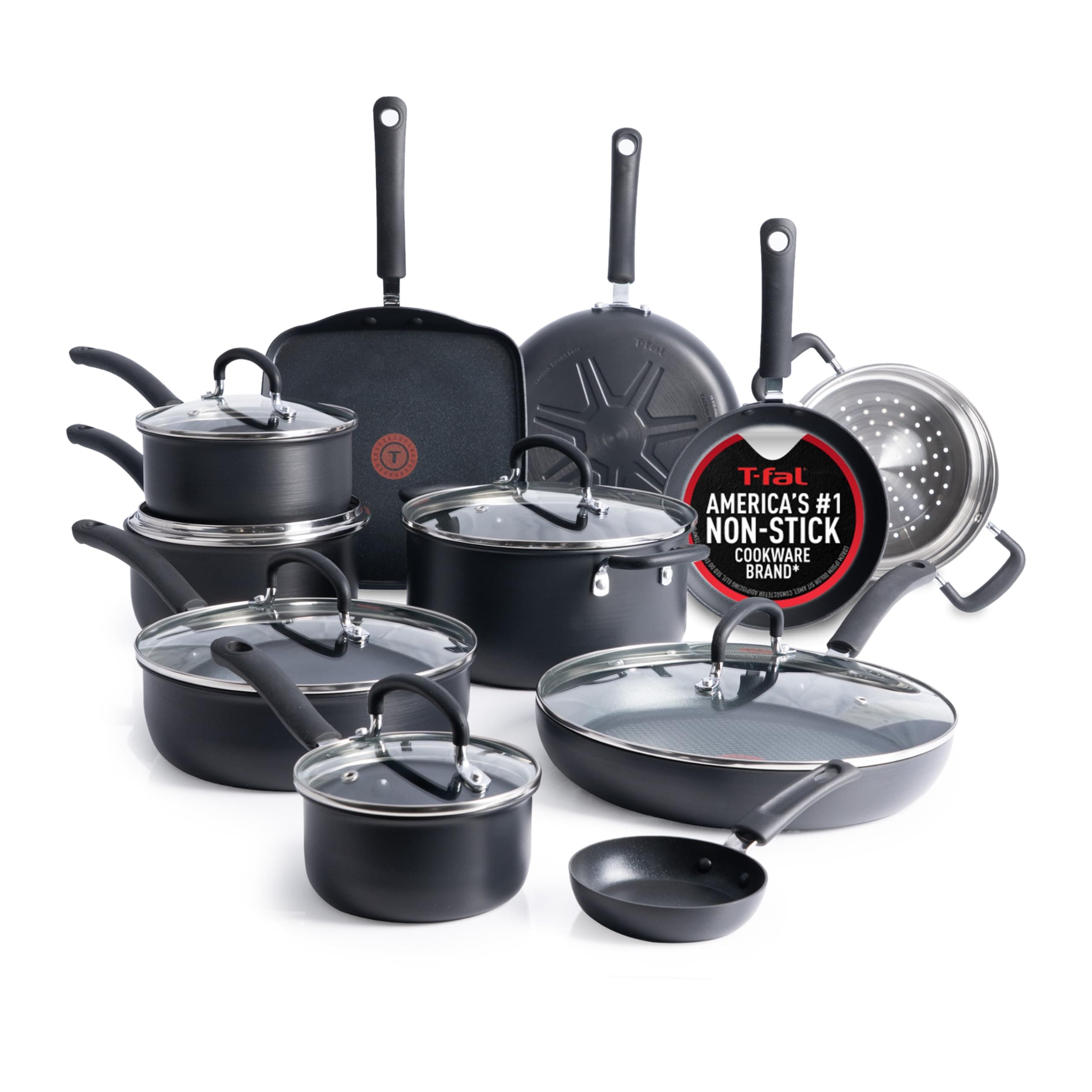 T-fal E765SH Ultimate Hard Anodized Scratch Resistant Titanium Nonstick Thermo-Spot Heat Indicator Anti-Warp Base Dishwasher Safe Oven Safe PFOA Free Cookware Set, 17-Piece, Gray