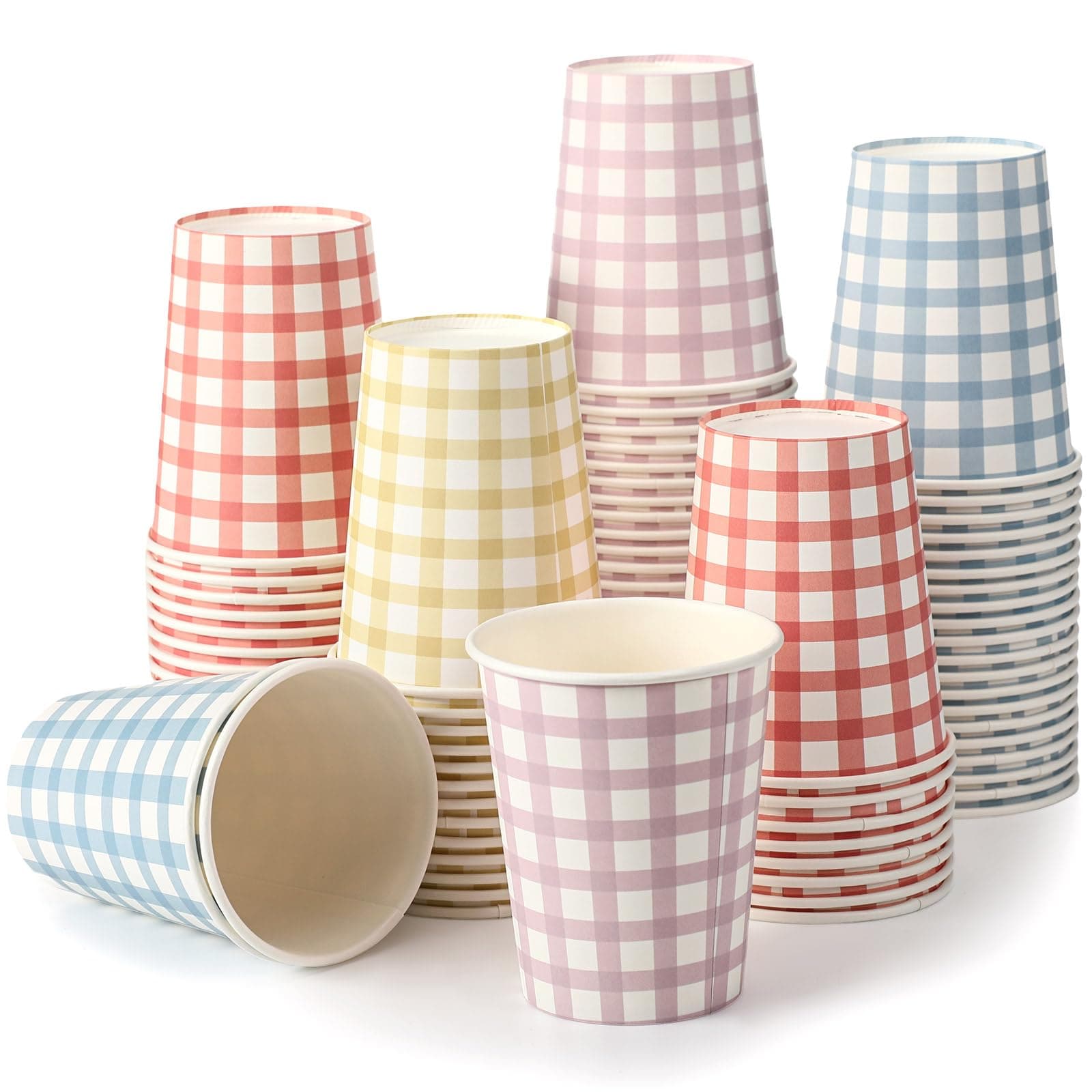 Tioncy 100 Pieces 9 oz Gingham Disposable Paper Cups Drinking Paper Cups Coffee Checkered Birthday Cup Gingham Hot Cold Beverage Drinking Cup for Holiday Picnic Travel Birthday Party, 4 Colors | Gingham, Checkered Cups, Birthday Party, Travel, Picnic