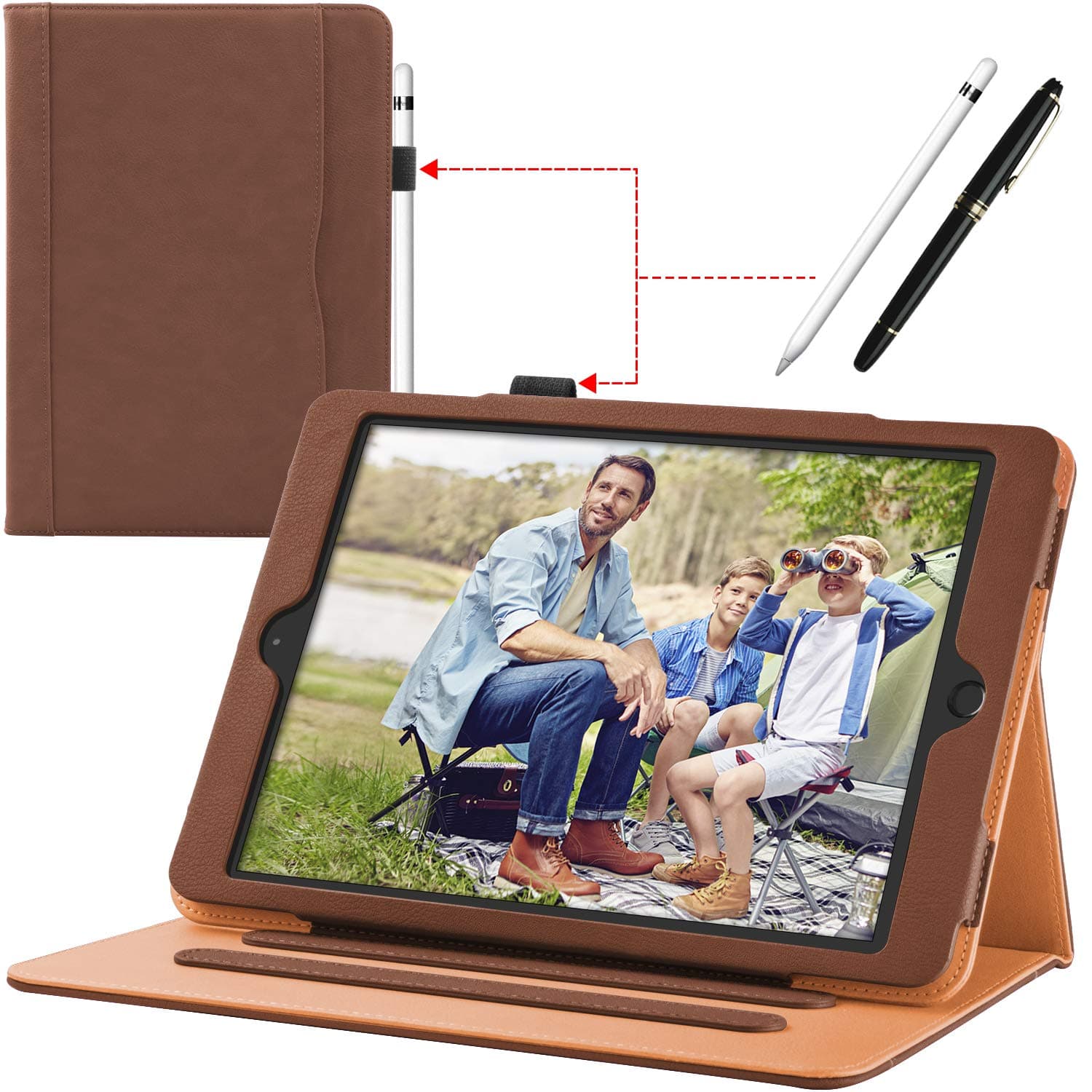 New iPad 9.7 inch 2018/2017 [ 6th / 5th Generation ] Leather Case with Apple Pencil Holder, Corner Protection, Stand Folio Cover Case and Auto Wake/Sleep, Also Fit iPad Air 2/iPad Air, Brown