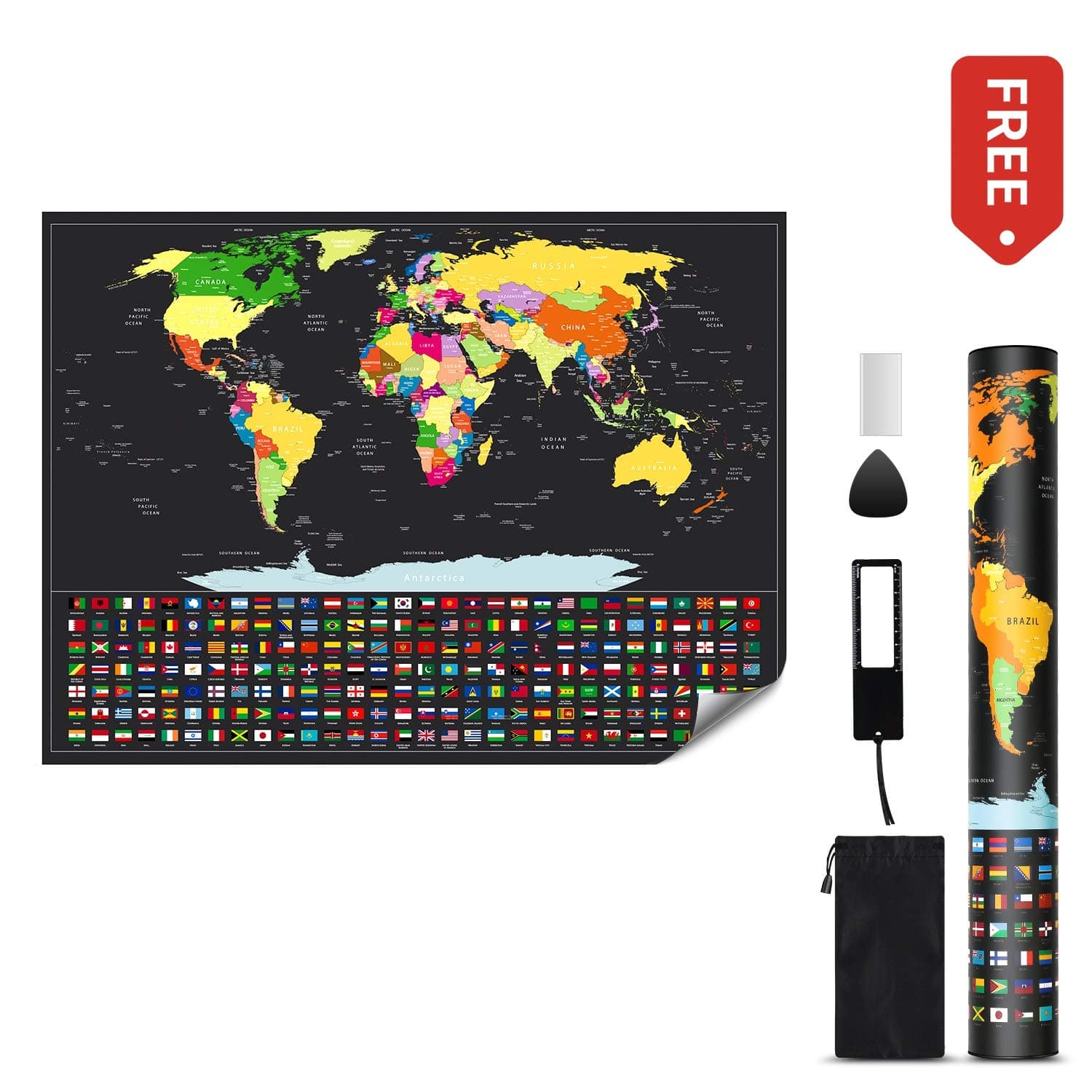 Gulliver Gear Travel Map Poster Scratch-Off World Edition, Includes Precision Tool to Cleanly Scratch Off World Map Poster, Magnifier for Small Countries, Make Excellent Travel Gifts