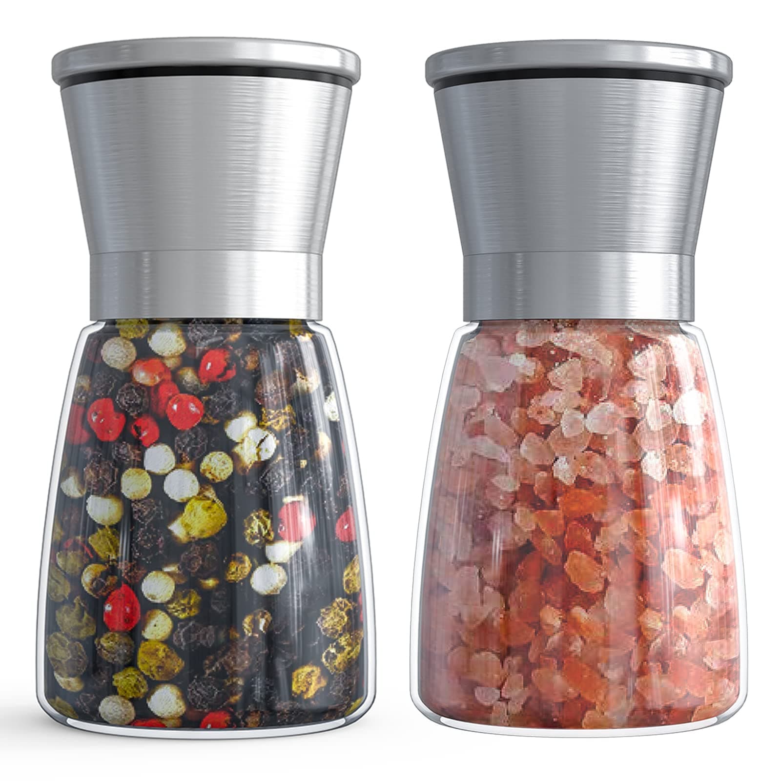 Ebaco Salt and Pepper Grinder Set - Refillable Grinder Adjustable Coarseness of Pepper Salt Spice Stainless Steel Mills Glass 6oz（2 Pack）