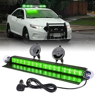 Xprite 16 LED Aluminum Windshield Strobe Light Bar w/Suction Cups, Dash Deck Visor Window Flashing Hazard Warning Lights for Emergency POV Law Enforcement Vehicles Trucks Moves Traffic Light - Green