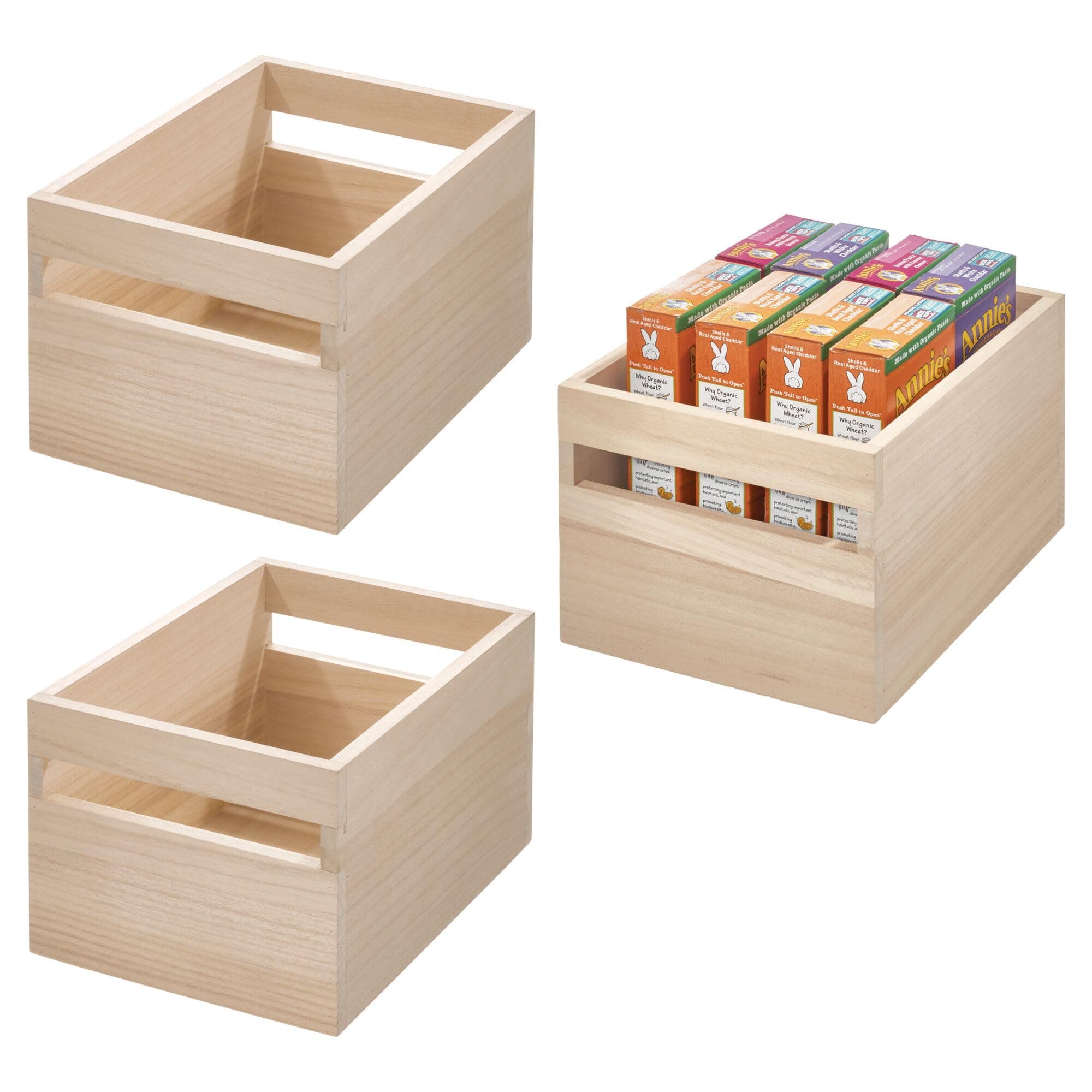 iDesign Stackable Paulownia Wood Pantry Storage Bin with Handles - Set of 3 - Natural