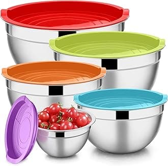 E-far Mixing Bowls with Lids Set of 5, Stainless Steel Mixing Bowls Metal Nesting Bowls with Airtight Lids, Non-toxic & Dishwasher Safe, Great for Cooking, Baking, Serving - Size 0.7/1/1.5/3/4.6QT
