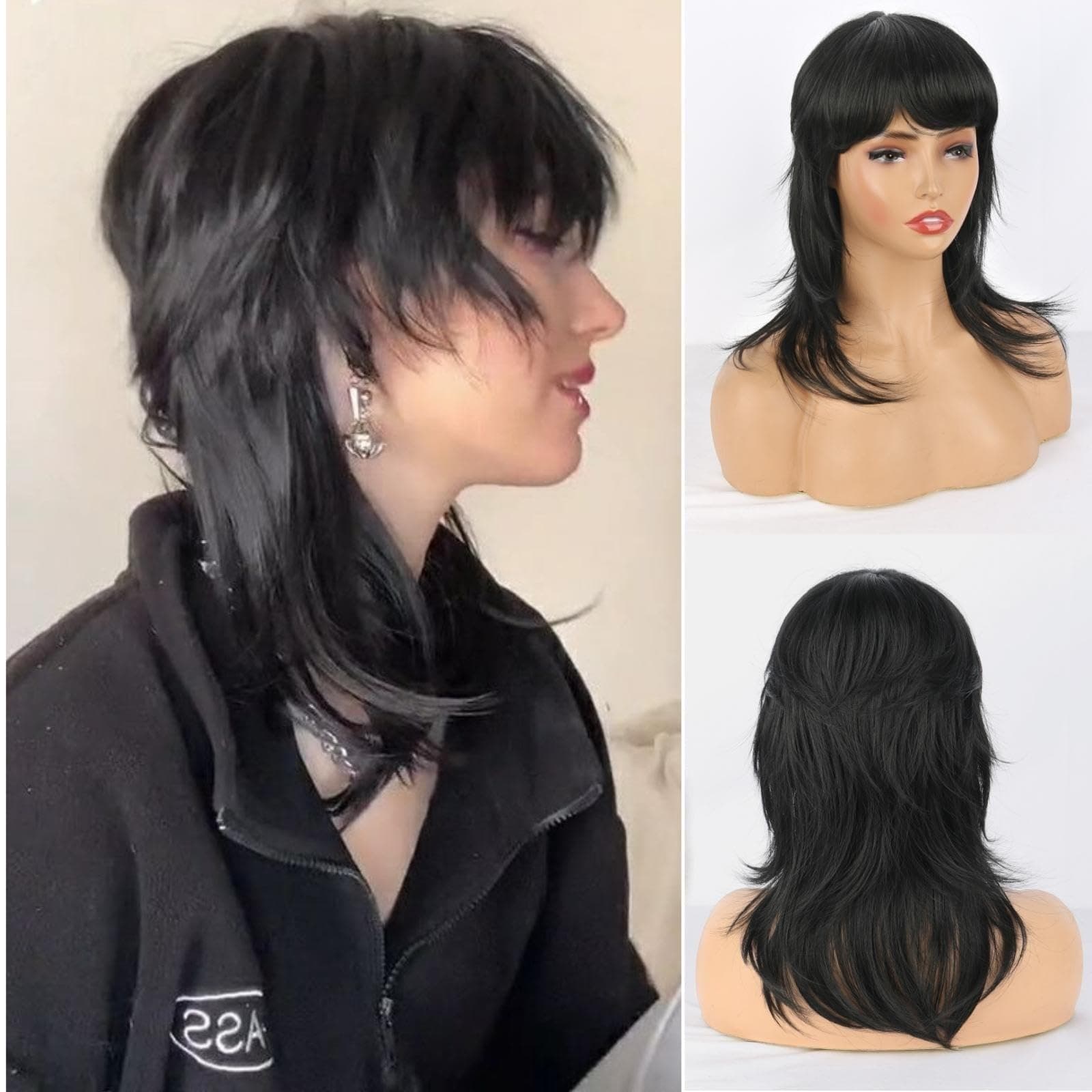 Mullet Wolf Cut Wig with Bangs Layered Black Mullet Wig Short Synthetic Mullet Wigs for Black Women Daily Party Cosplay Use