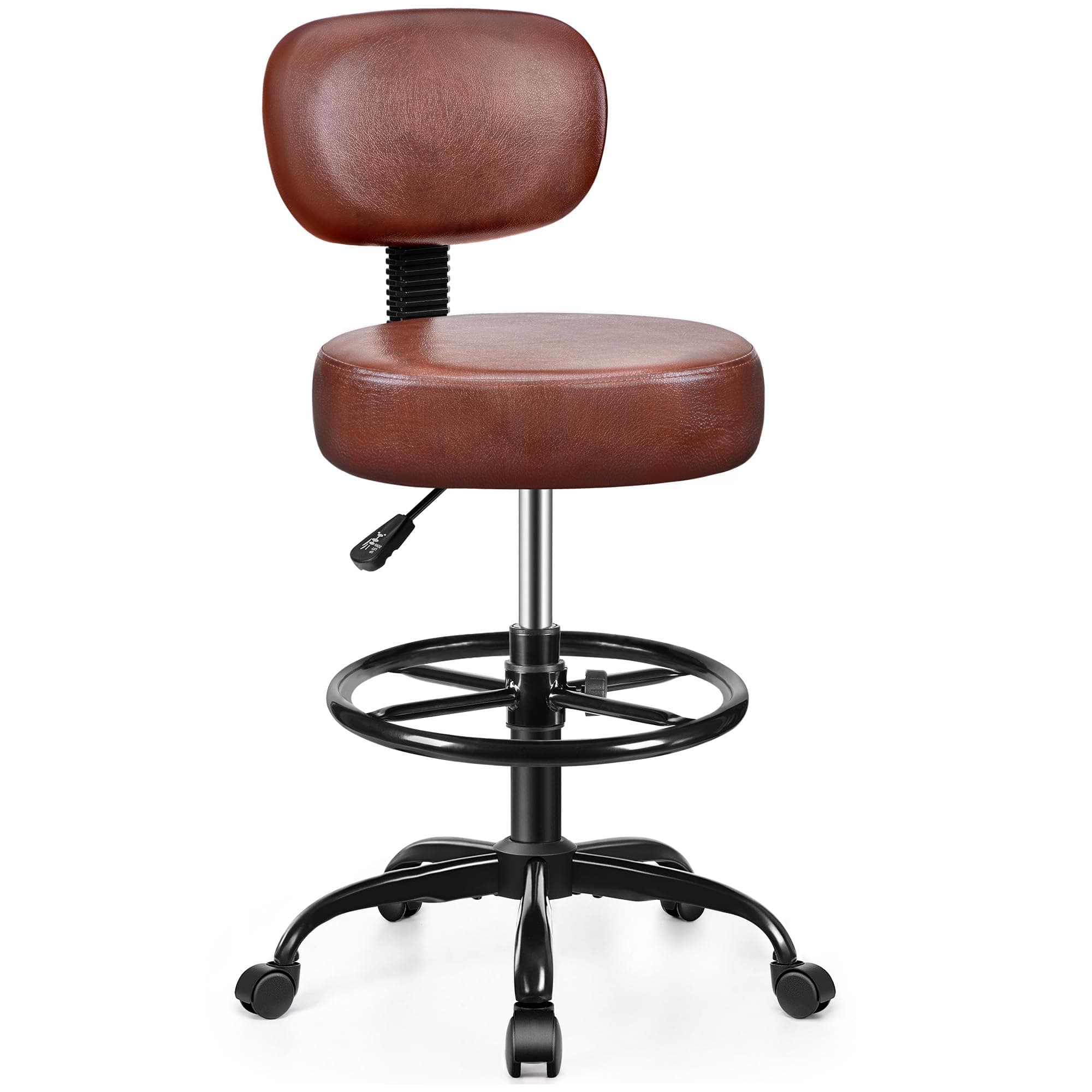 Brick Attic Drafting Chair with Backrest – Adjustable Foot Rest Rolling Stool with Wheels, PU Leather Swivel Stool for Office Spa Studio Lab Counter Salon Home Work Bar Kitchen Shop(Ember Brown)