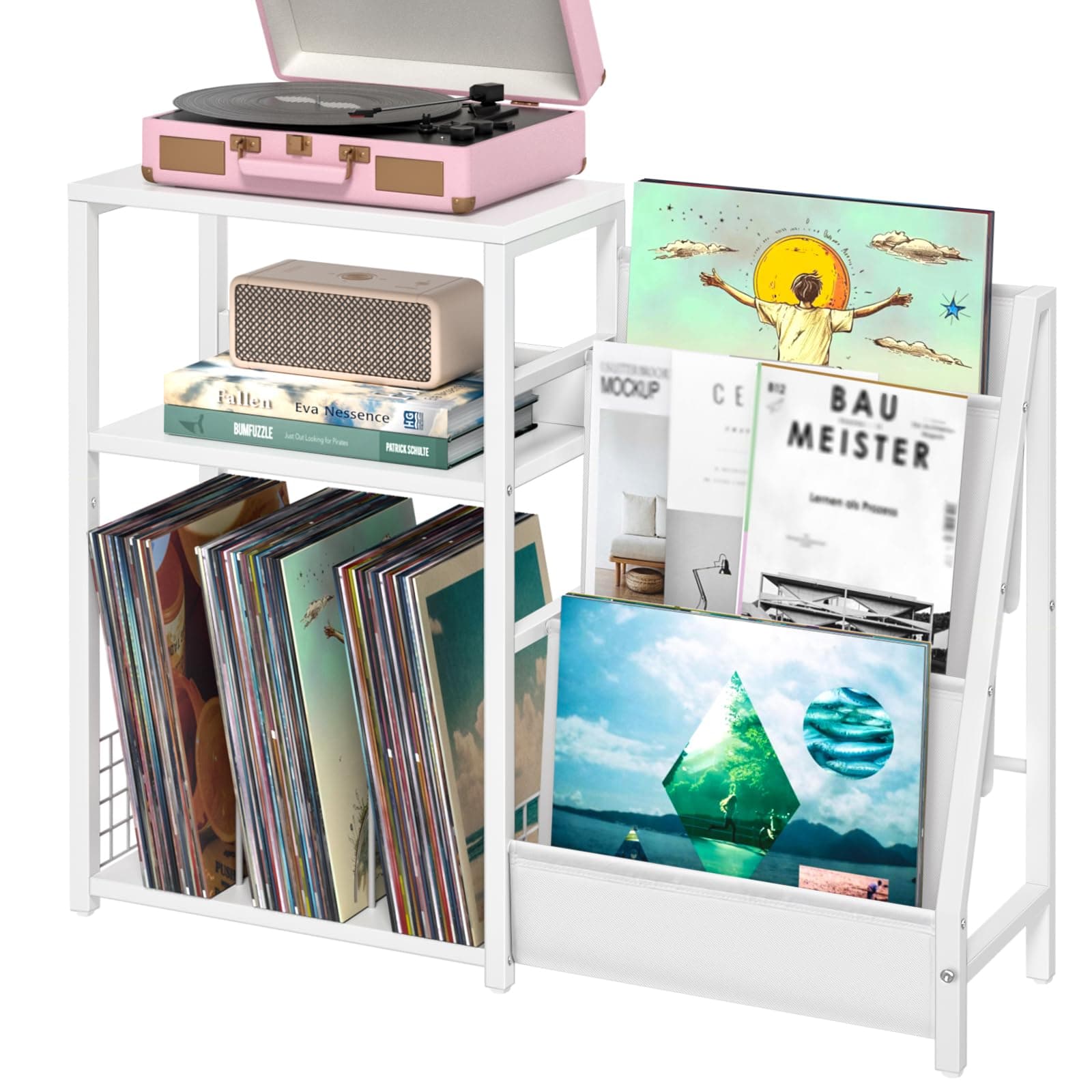 Record Player Table,Turntable Shelf with Vinyl Storage Up to 150 Albums,White Side Table with 3 Tier Magazine Periodical Book Rack,Wide Metal Record Holder Cabinet for Room Office