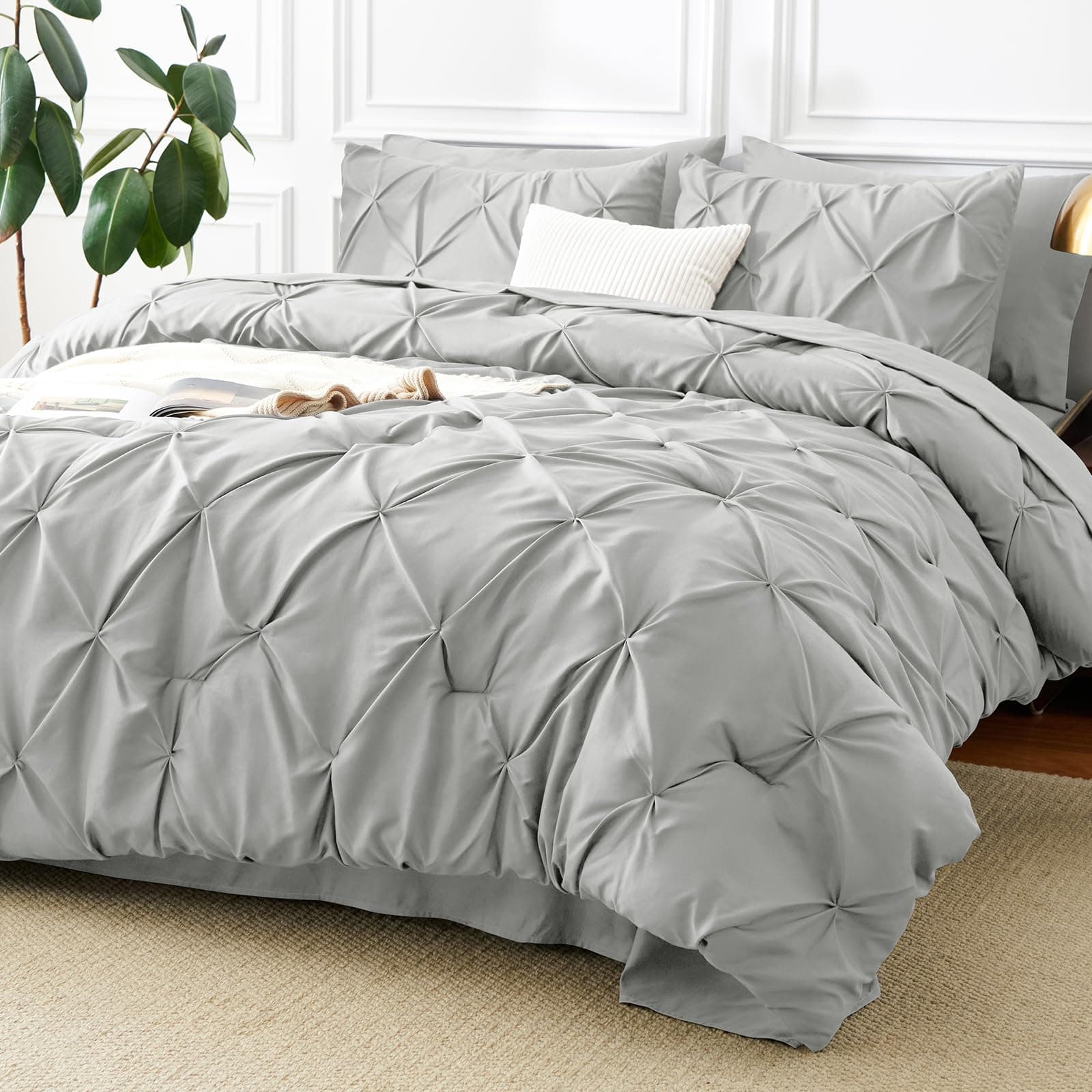 CozyLux King Comforter Set - 7 Pieces Comforters King Size Light Gray, Pintuck Bed in A Bag Pinch Pleat Bedding Sets with All Season Comforter, Flat Sheet, Fitted Sheet and Pillowcases & Shams
